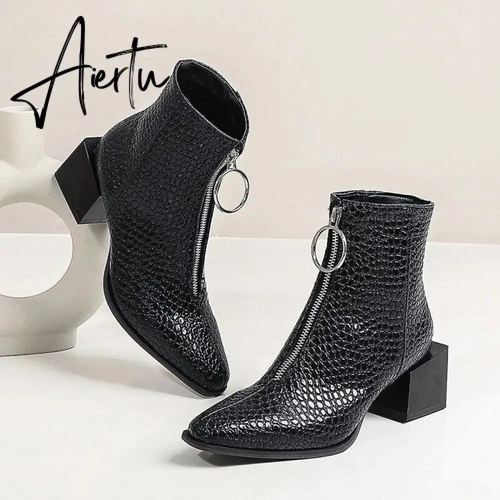 Aiertu Big Size 34-48 Ankle Boots Women Silver Black Front Zipper Short Boots Ladies Thick Chunky Medium Heel Biker Boot Shoes