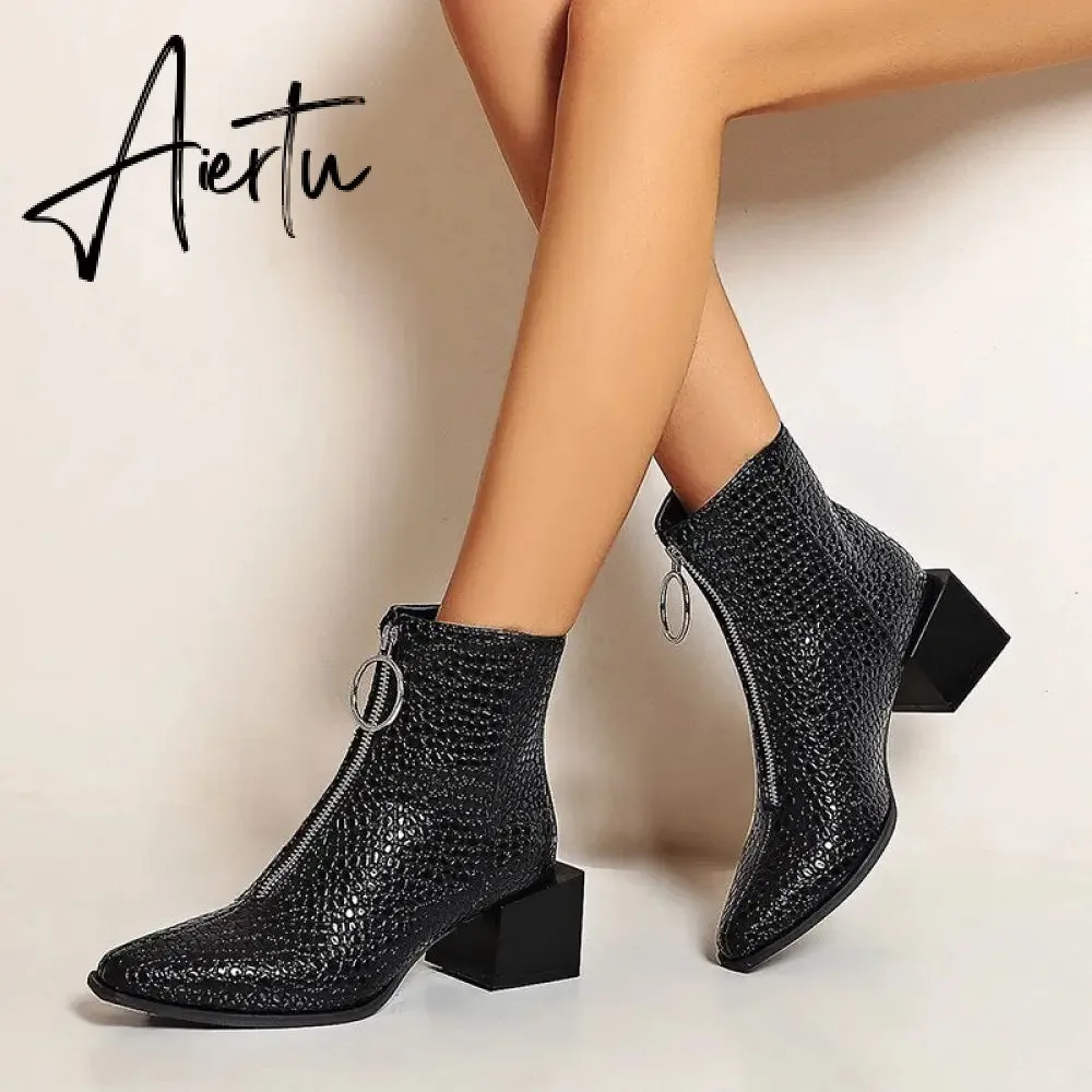 Aiertu Big Size 34-48 Ankle Boots Women Silver Black Front Zipper Short Boots Ladies Thick Chunky Medium Heel Biker Boot Shoes