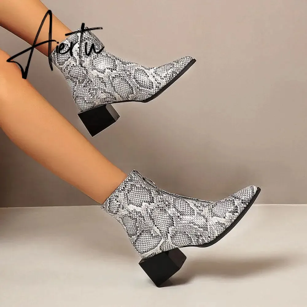 Aiertu Big Size 34-48 Ankle Boots Women Silver Black Front Zipper Short Boots Ladies Thick Chunky Medium Heel Biker Boot Shoes
