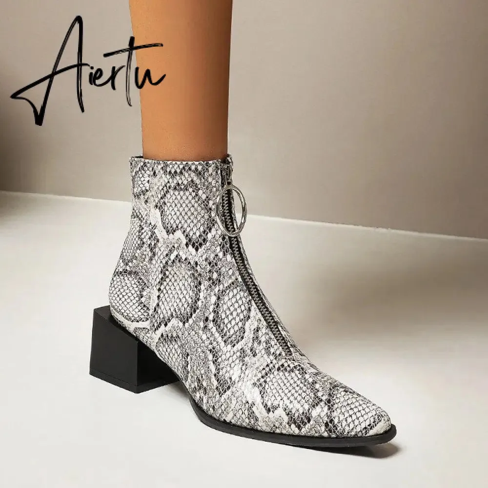 Aiertu Big Size 34-48 Ankle Boots Women Silver Black Front Zipper Short Boots Ladies Thick Chunky Medium Heel Biker Boot Shoes