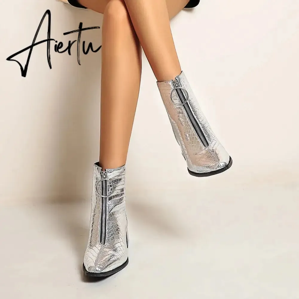 Aiertu Big Size 34-48 Ankle Boots Women Silver Black Front Zipper Short Boots Ladies Thick Chunky Medium Heel Biker Boot Shoes