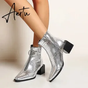 Aiertu Big Size 34-48 Ankle Boots Women Silver Black Front Zipper Short Boots Ladies Thick Chunky Medium Heel Biker Boot Shoes