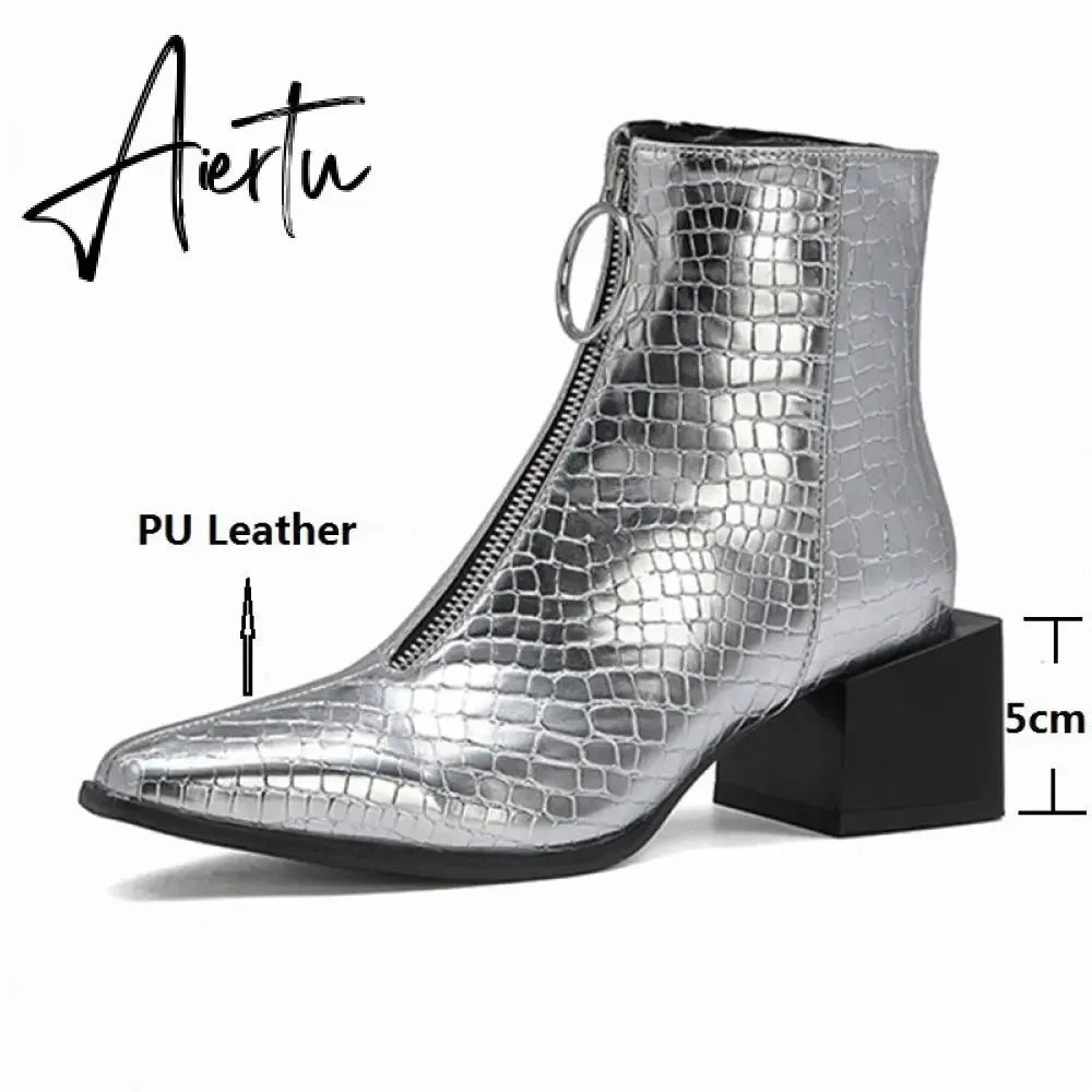 Aiertu Big Size 34-48 Ankle Boots Women Silver Black Front Zipper Short Boots Ladies Thick Chunky Medium Heel Biker Boot Shoes