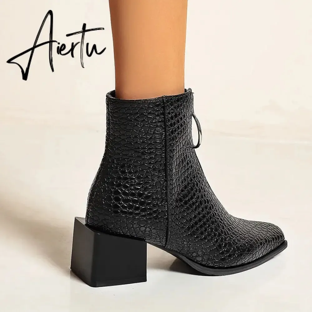 Aiertu Big Size 34-48 Ankle Boots Women Silver Black Front Zipper Short Boots Ladies Thick Chunky Medium Heel Biker Boot Shoes