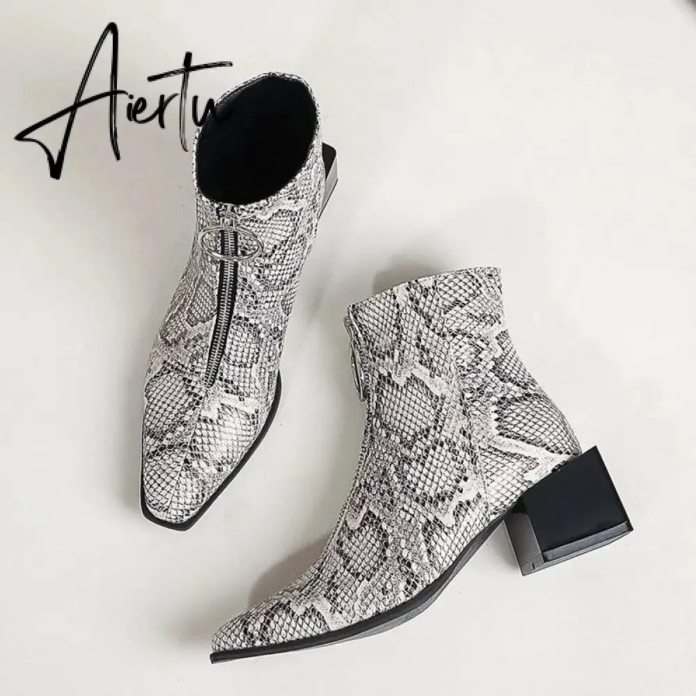Aiertu Big Size 34-48 Ankle Boots Women Silver Black Front Zipper Short Boots Ladies Thick Chunky Medium Heel Biker Boot Shoes
