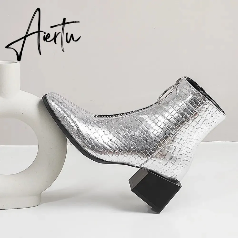 Aiertu Big Size 34-48 Ankle Boots Women Silver Black Front Zipper Short Boots Ladies Thick Chunky Medium Heel Biker Boot Shoes