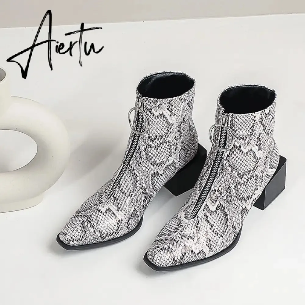 Aiertu Big Size 34-48 Ankle Boots Women Silver Black Front Zipper Short Boots Ladies Thick Chunky Medium Heel Biker Boot Shoes