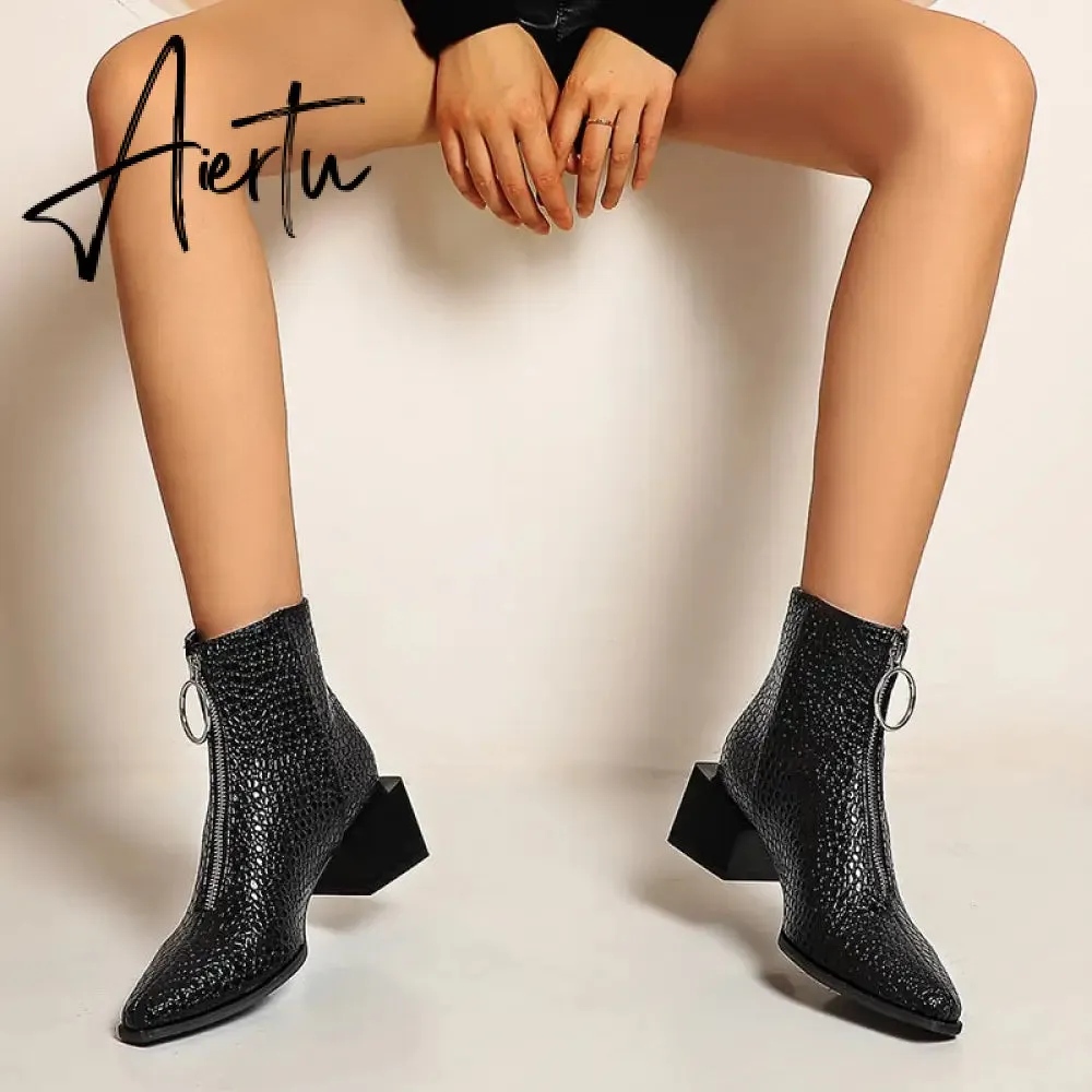 Aiertu Big Size 34-48 Ankle Boots Women Silver Black Front Zipper Short Boots Ladies Thick Chunky Medium Heel Biker Boot Shoes