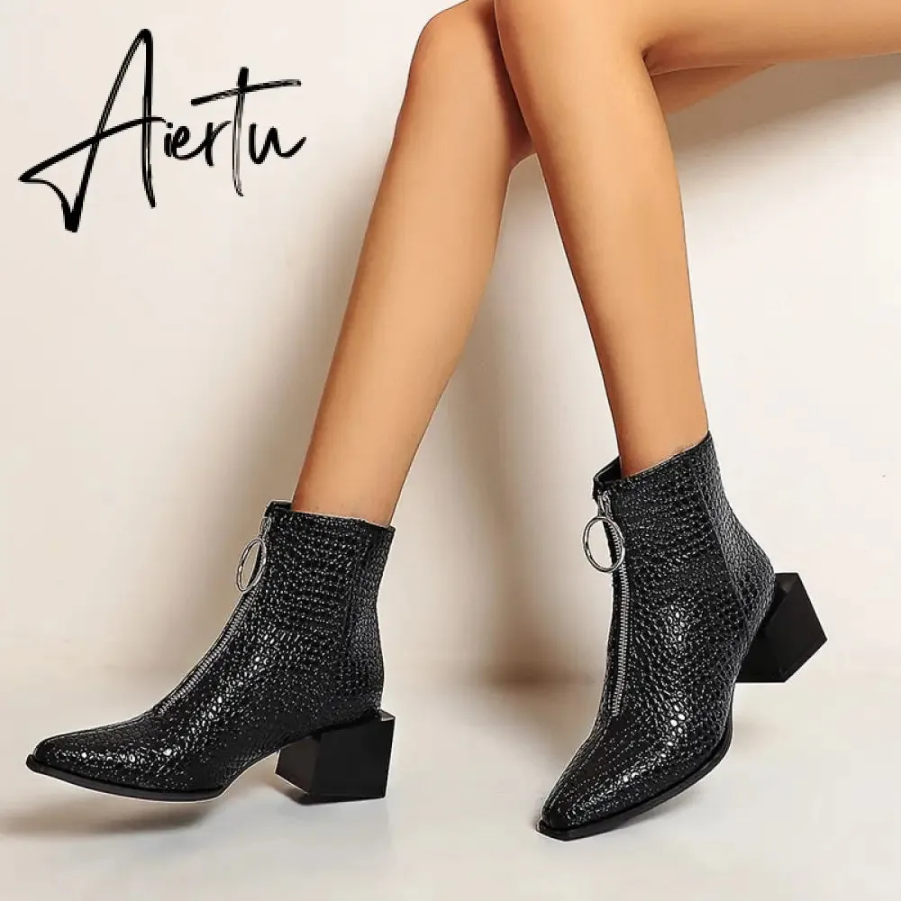 Aiertu Big Size 34-48 Ankle Boots Women Silver Black Front Zipper Short Boots Ladies Thick Chunky Medium Heel Biker Boot Shoes