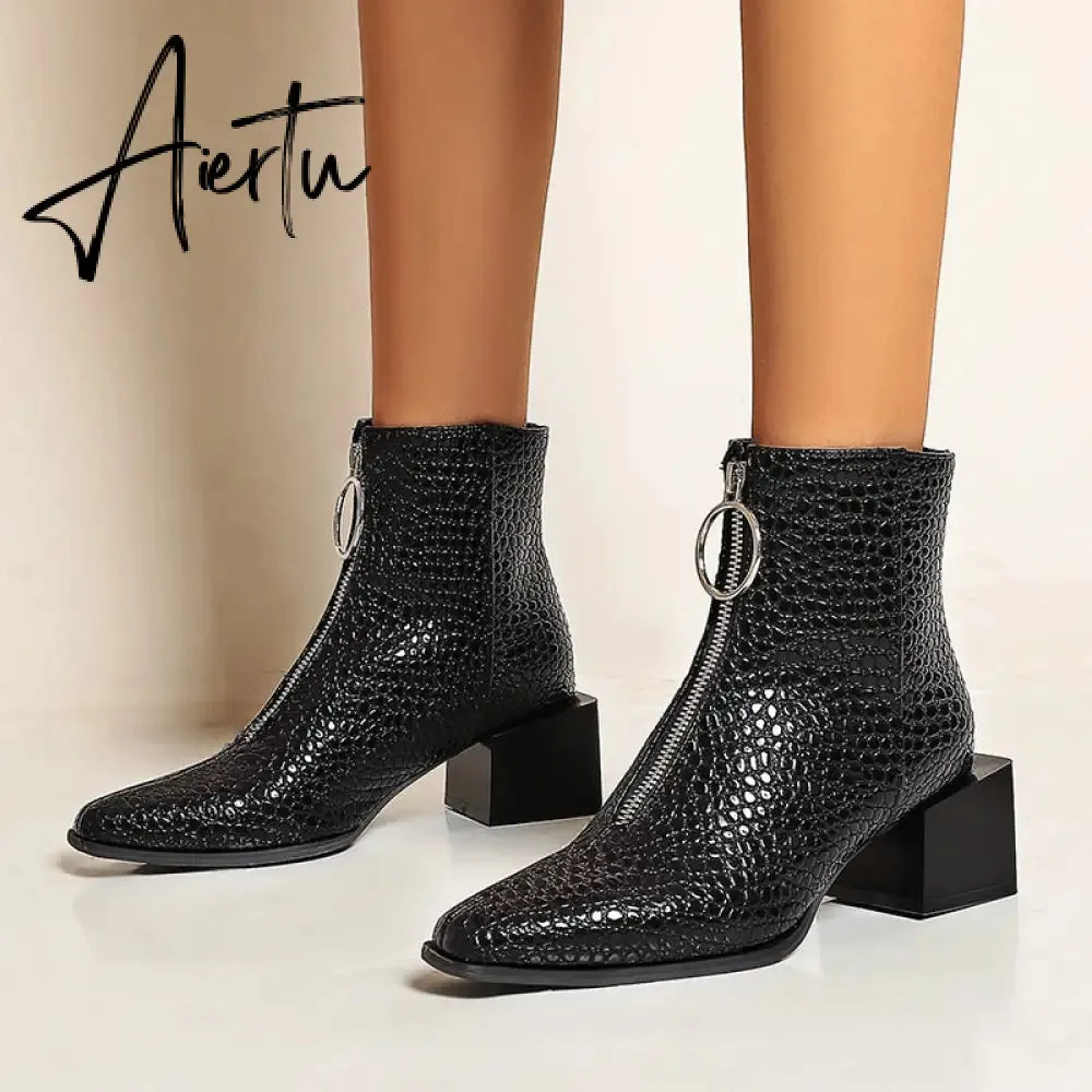 Aiertu Big Size 34-48 Ankle Boots Women Silver Black Front Zipper Short Boots Ladies Thick Chunky Medium Heel Biker Boot Shoes