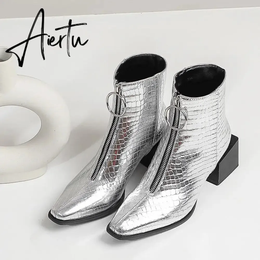 Aiertu Big Size 34-48 Ankle Boots Women Silver Black Front Zipper Short Boots Ladies Thick Chunky Medium Heel Biker Boot Shoes