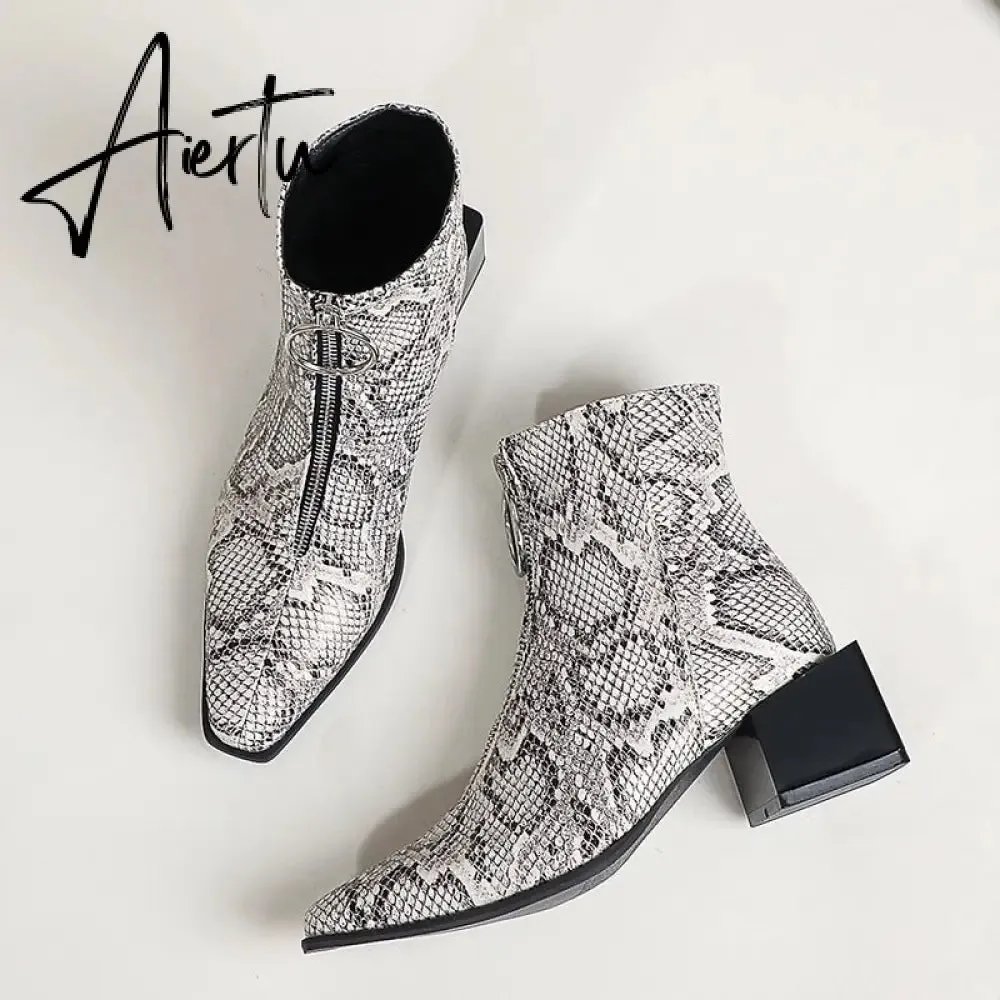 Aiertu Big Size 34-48 Ankle Boots Women Silver Black Front Zipper Short Boots Ladies Thick Chunky Medium Heel Biker Boot Shoes