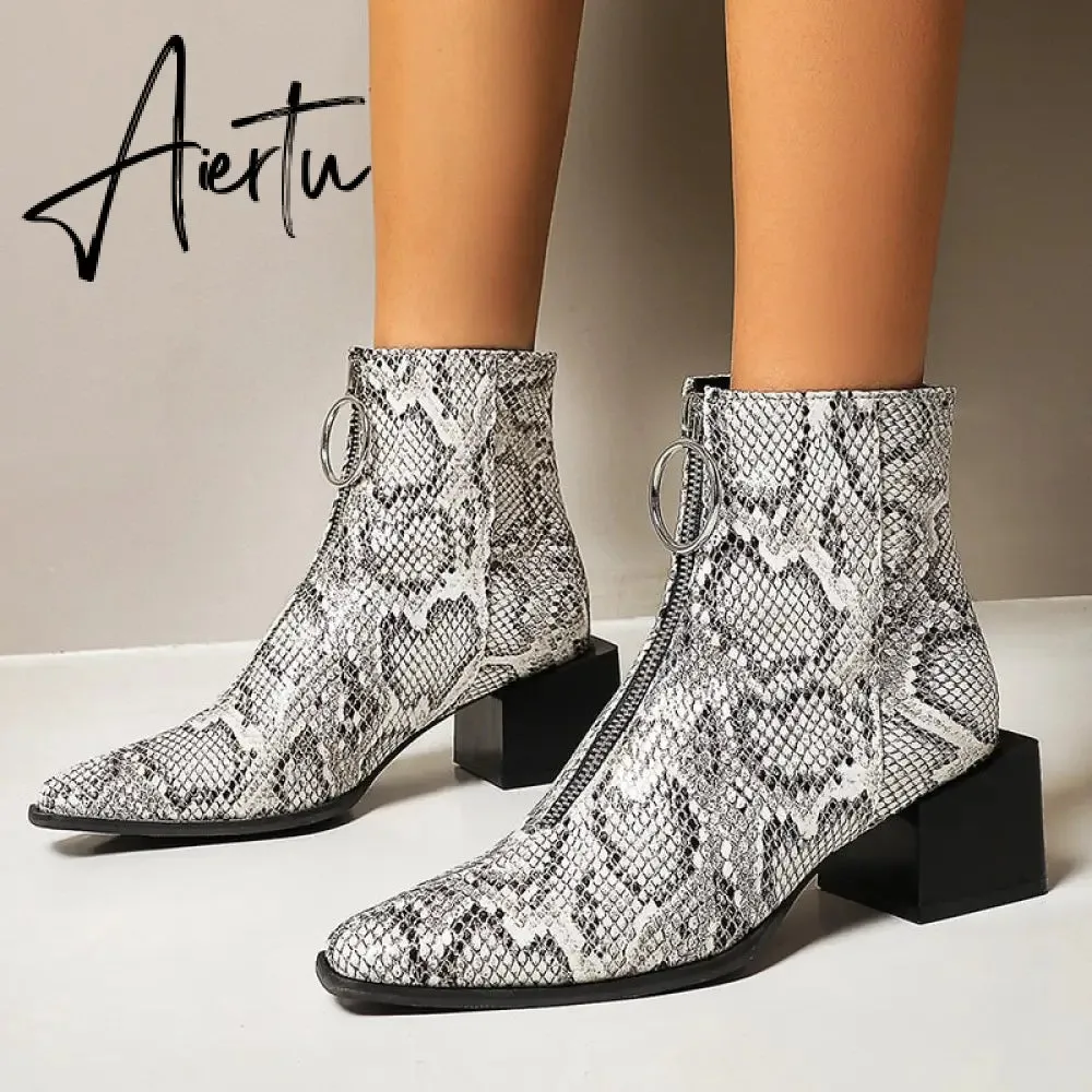 Aiertu Big Size 34-48 Ankle Boots Women Silver Black Front Zipper Short Boots Ladies Thick Chunky Medium Heel Biker Boot Shoes