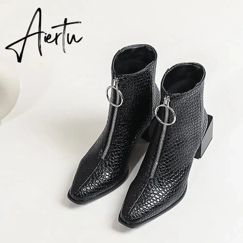 Aiertu Big Size 34-48 Ankle Boots Women Silver Black Front Zipper Short Boots Ladies Thick Chunky Medium Heel Biker Boot Shoes
