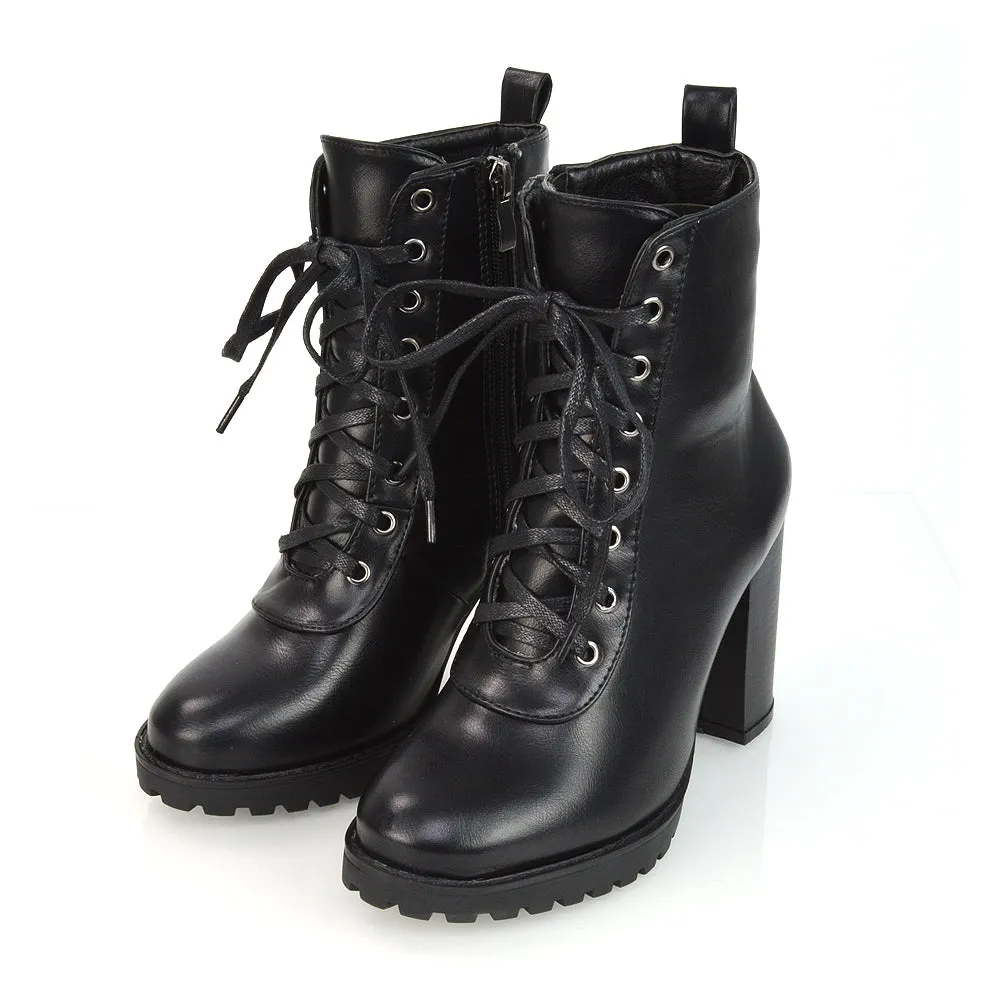 Ariel Chunky Lace up Block High Heel Zip-up Biker Ankle Boots in Brown Synthetic Leather