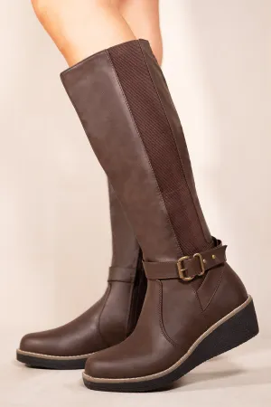 AYLEEN WEDGE HEEL KNEE HIGH BOOTS WITH ELASTIC PANEL IN BROWN FAUX LEATHER