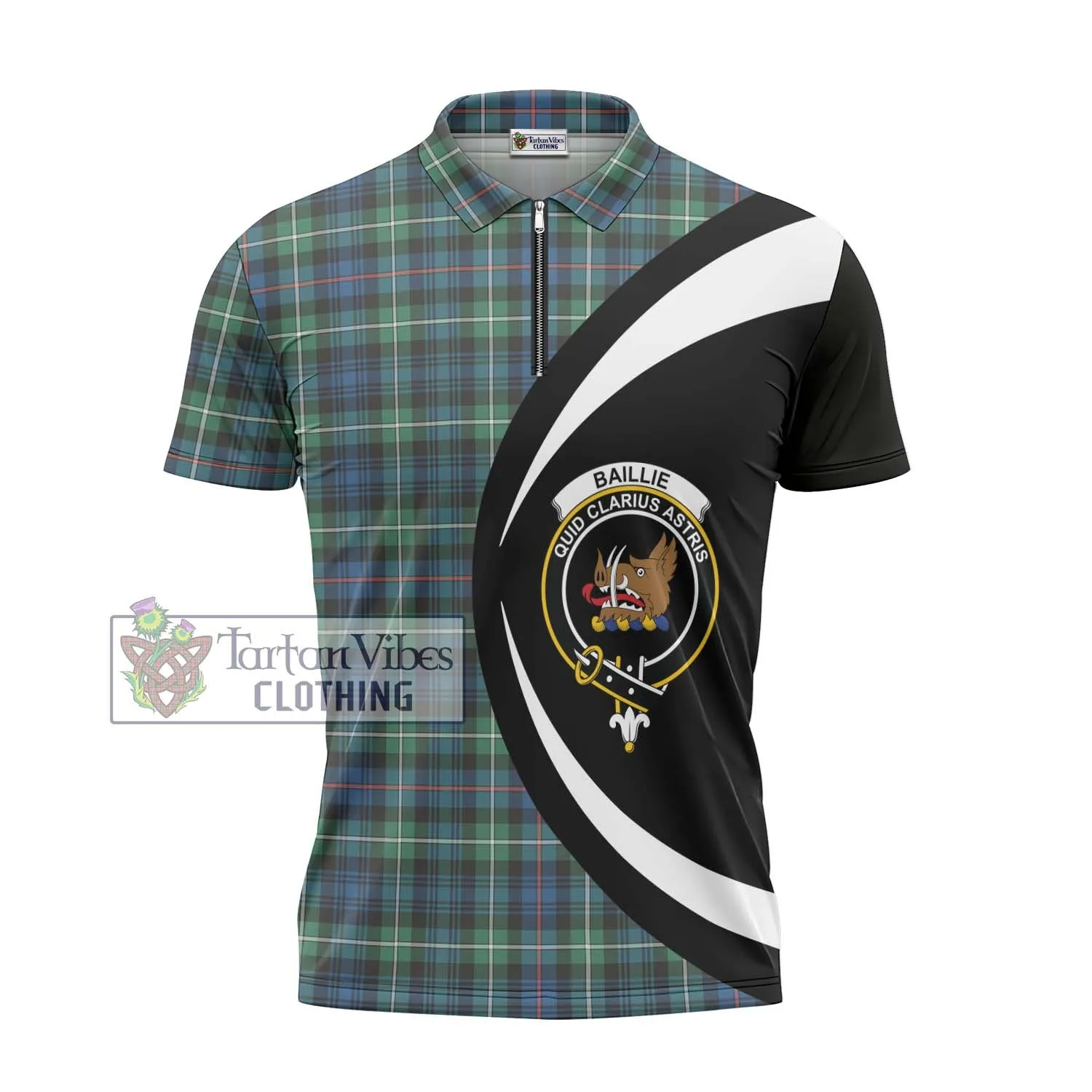 Baillie Ancient Tartan Zipper Polo Shirt with Family Crest Circle Style