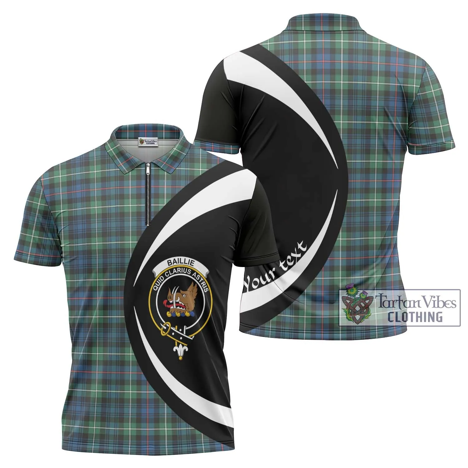 Baillie Ancient Tartan Zipper Polo Shirt with Family Crest Circle Style