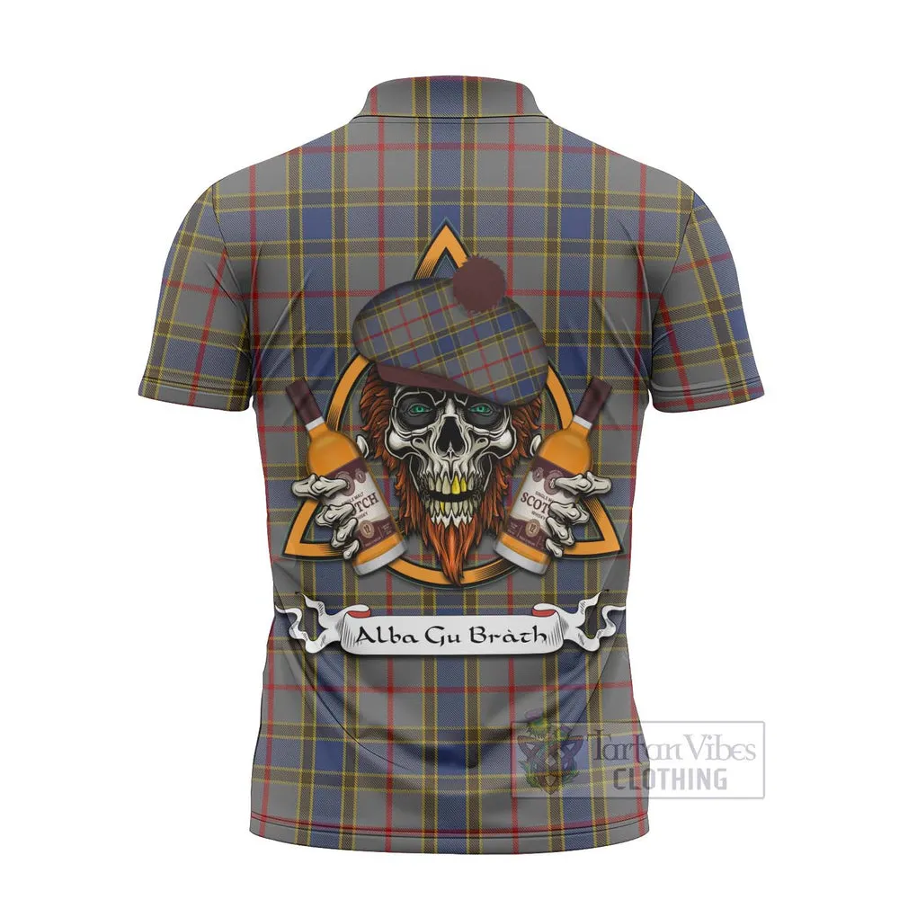 Balfour Tartan Zipper Polo Shirt with Family Crest and Bearded Skull Holding Bottles of Whiskey