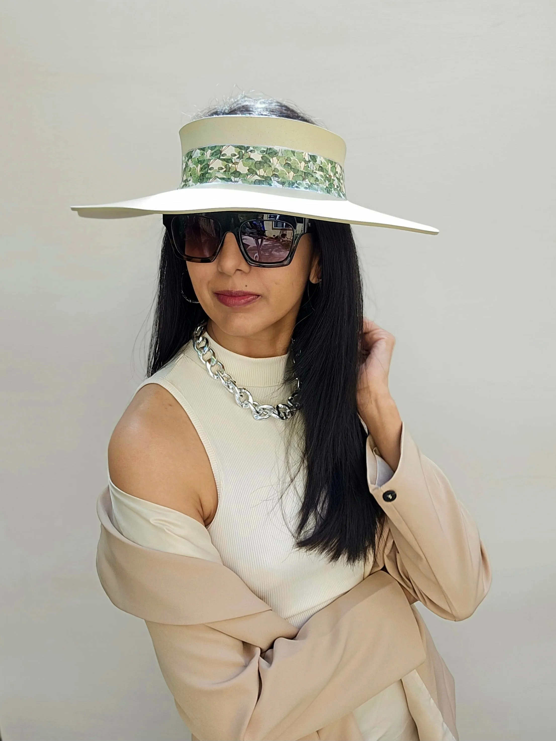 Beige Lotus Visor Hat with Green Leaf Band
