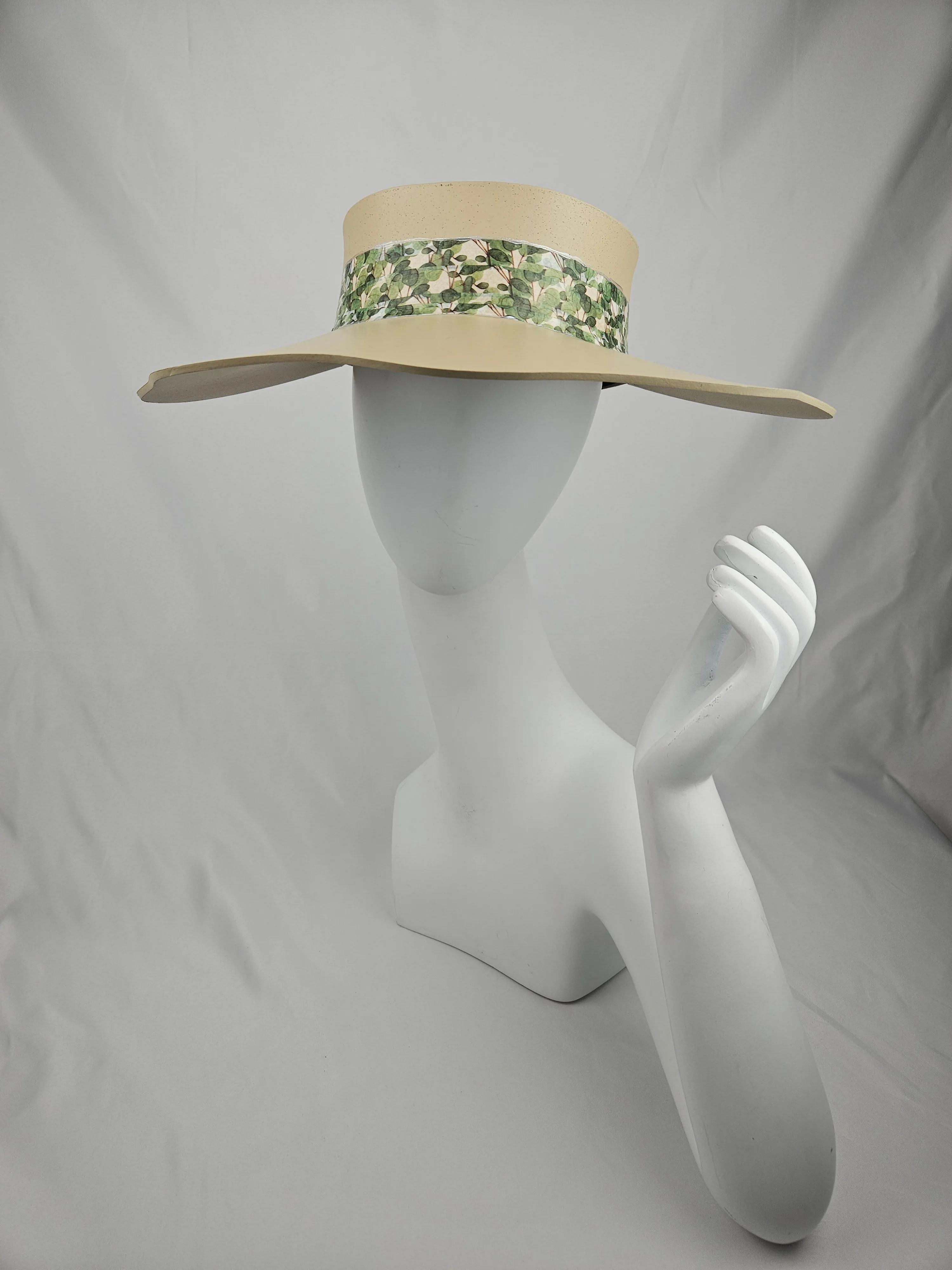Beige Lotus Visor Hat with Green Leaf Band