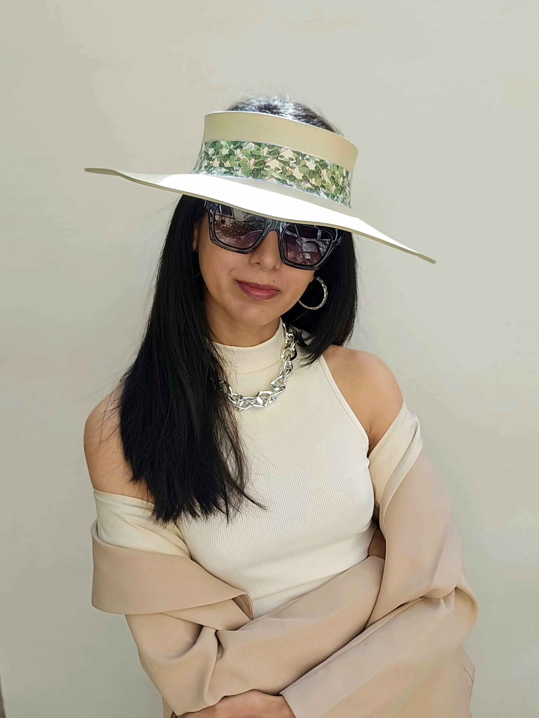 Beige Lotus Visor Hat with Green Leaf Band