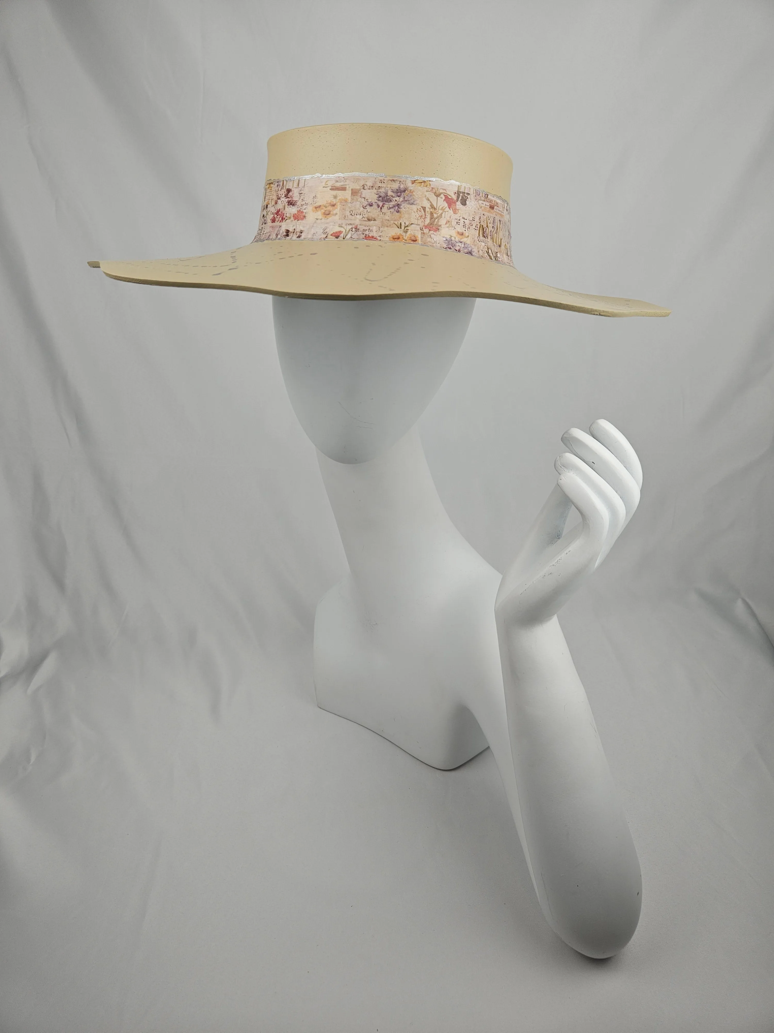 Beige Lotus Visor Hat with Vintage Floral Style Band and Silver Paint Splatter