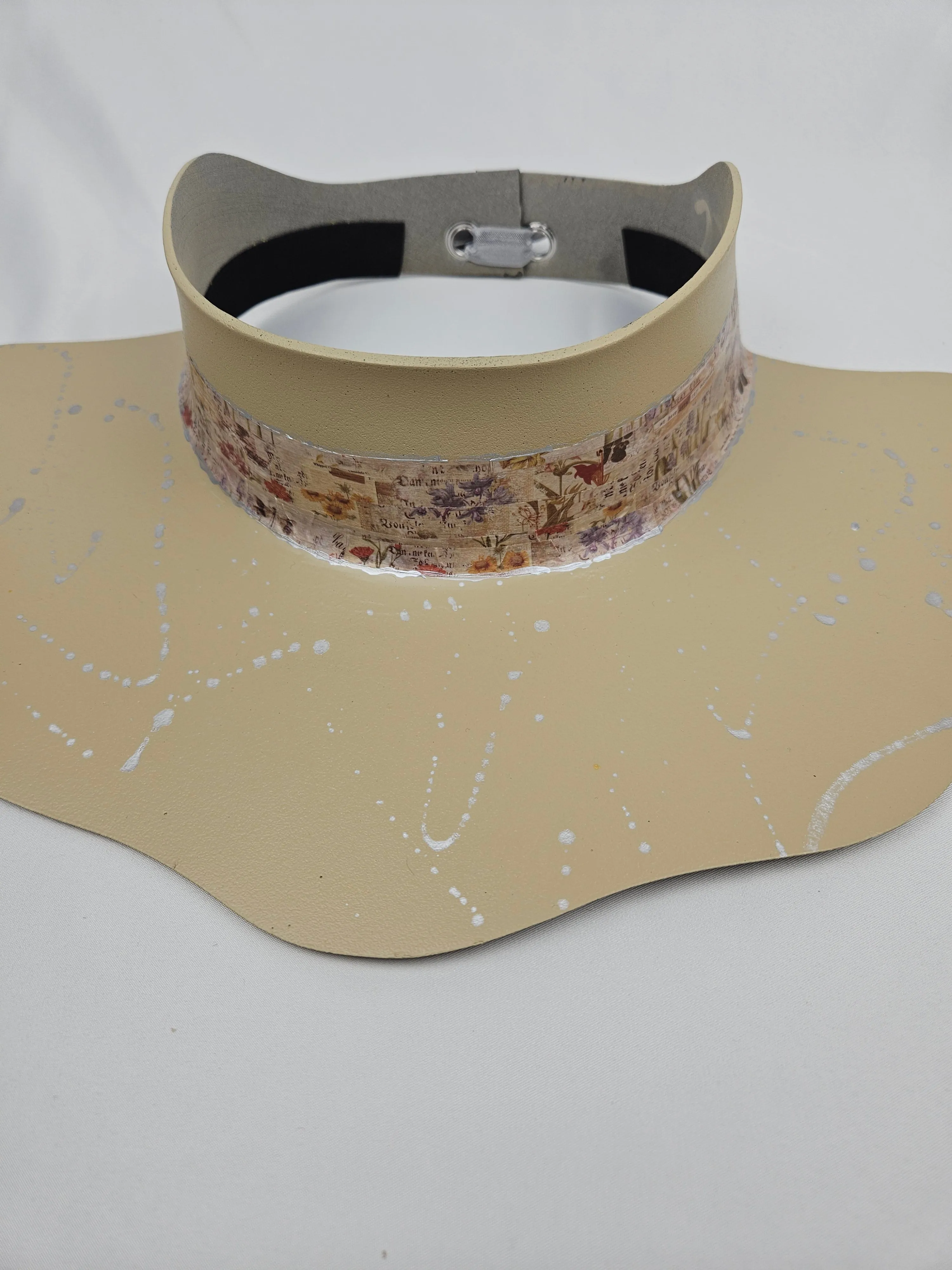 Beige Lotus Visor Hat with Vintage Floral Style Band and Silver Paint Splatter