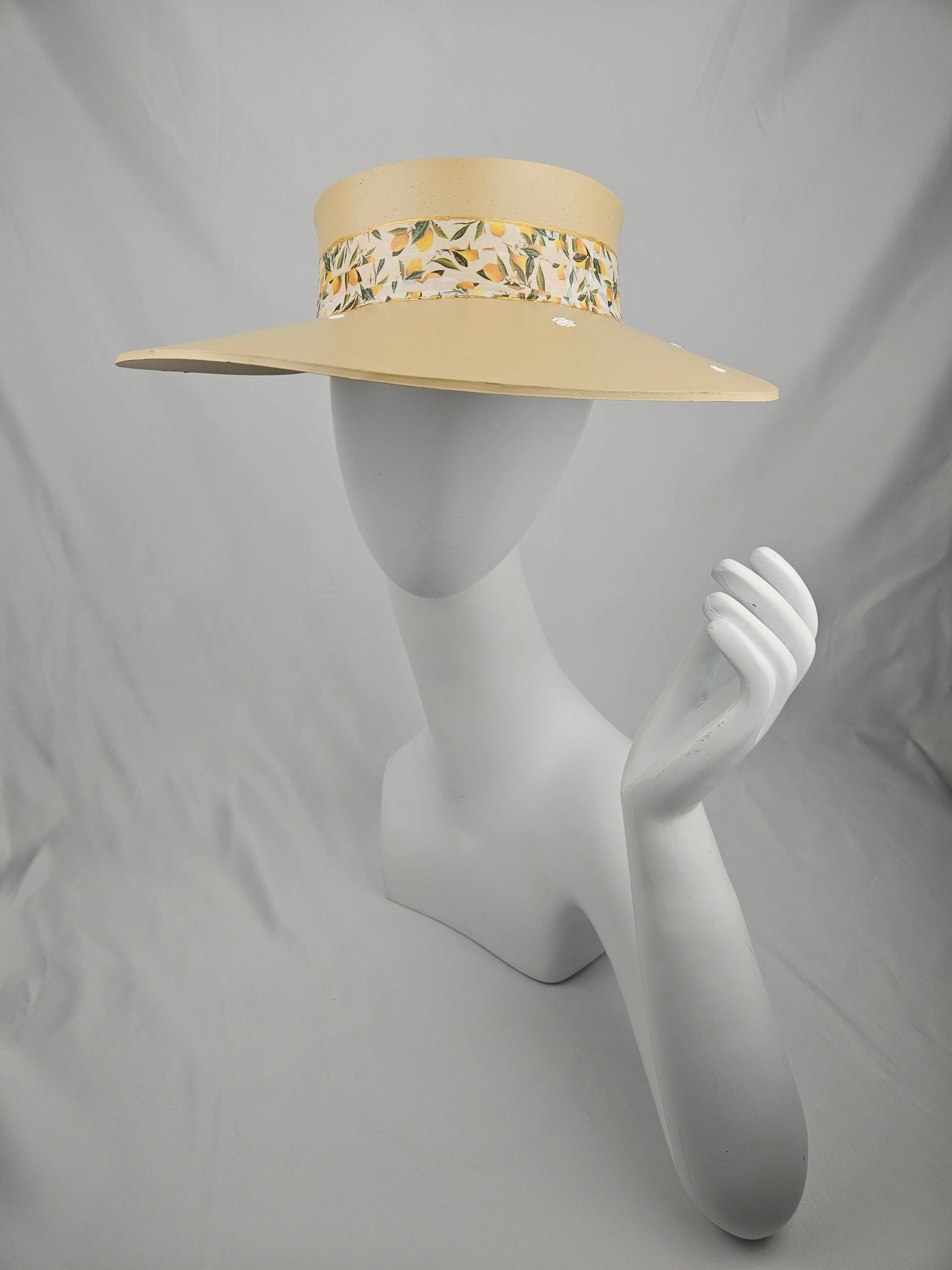 Beige "LadyEVA" Visor Hat with Citrus Floral Band and White Flowers on Brim