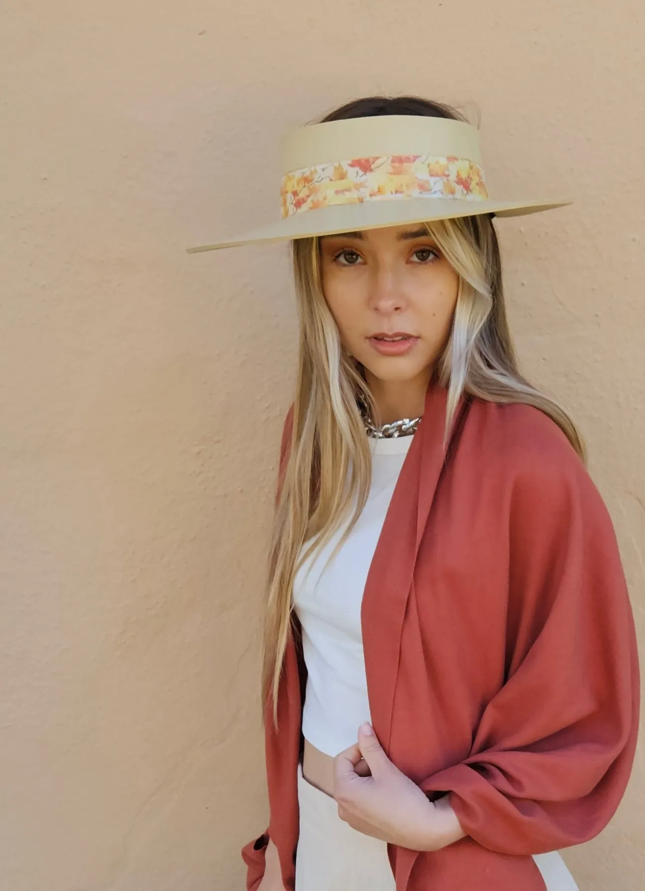 Beige "LadyEVA" Visor Hat with Orange Leaf Band