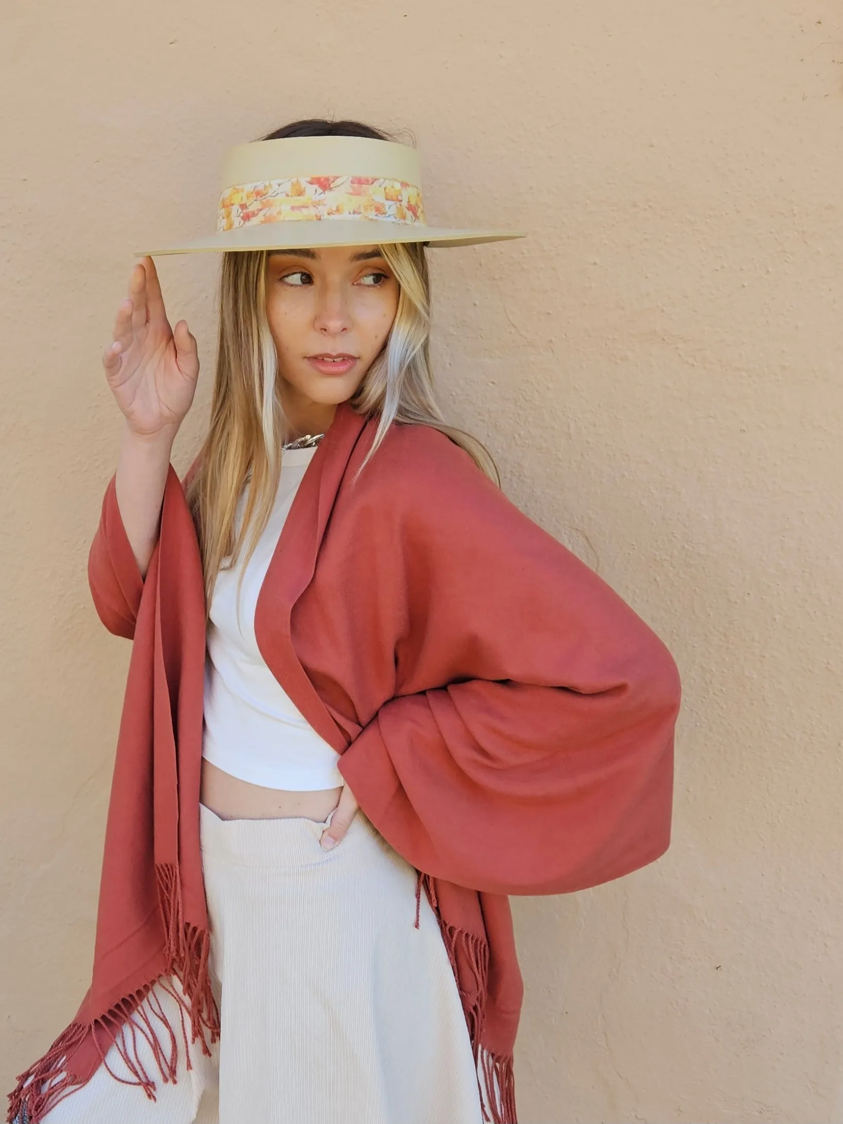 Beige "LadyEVA" Visor Hat with Orange Leaf Band