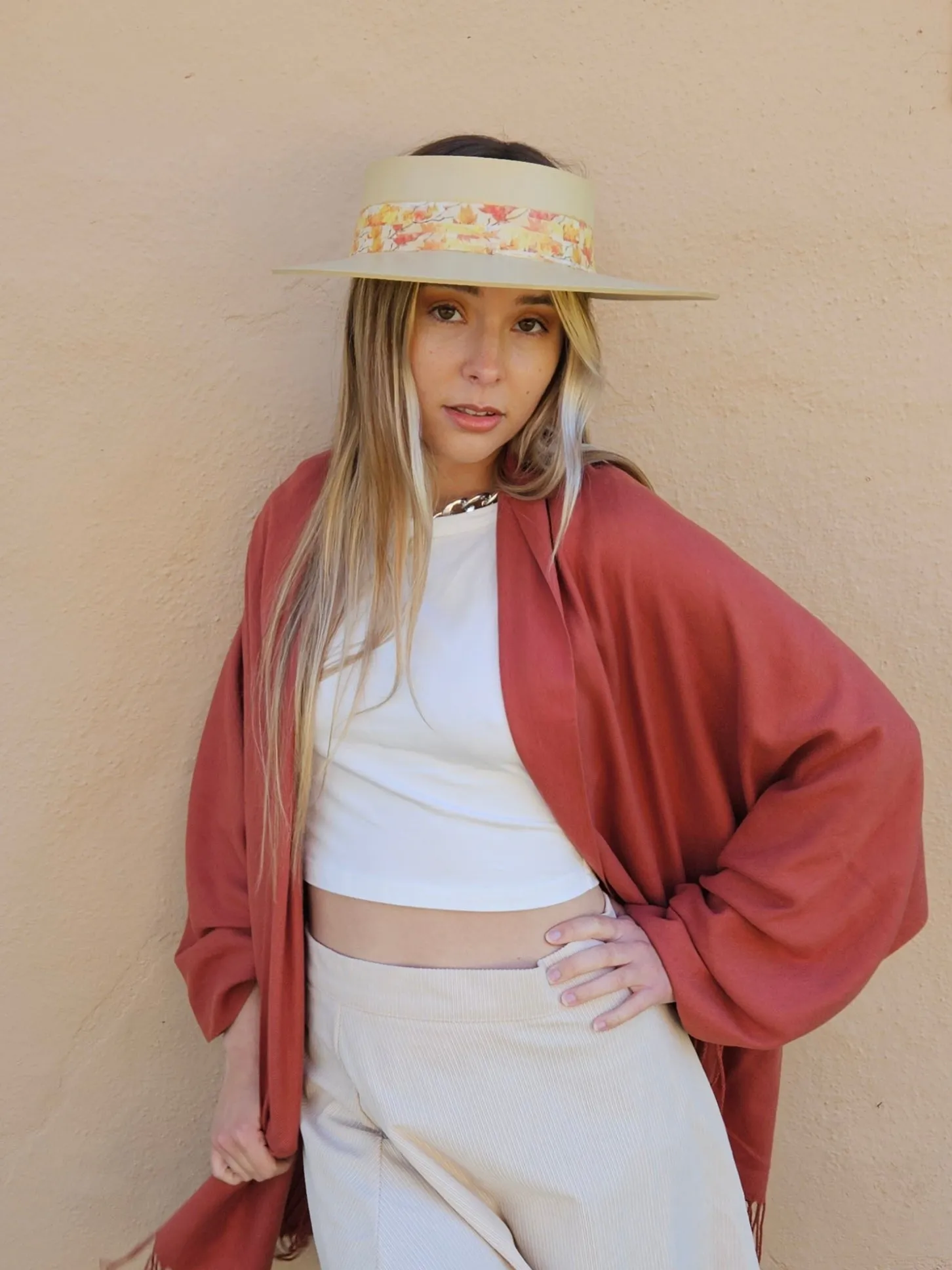 Beige "LadyEVA" Visor Hat with Orange Leaf Band