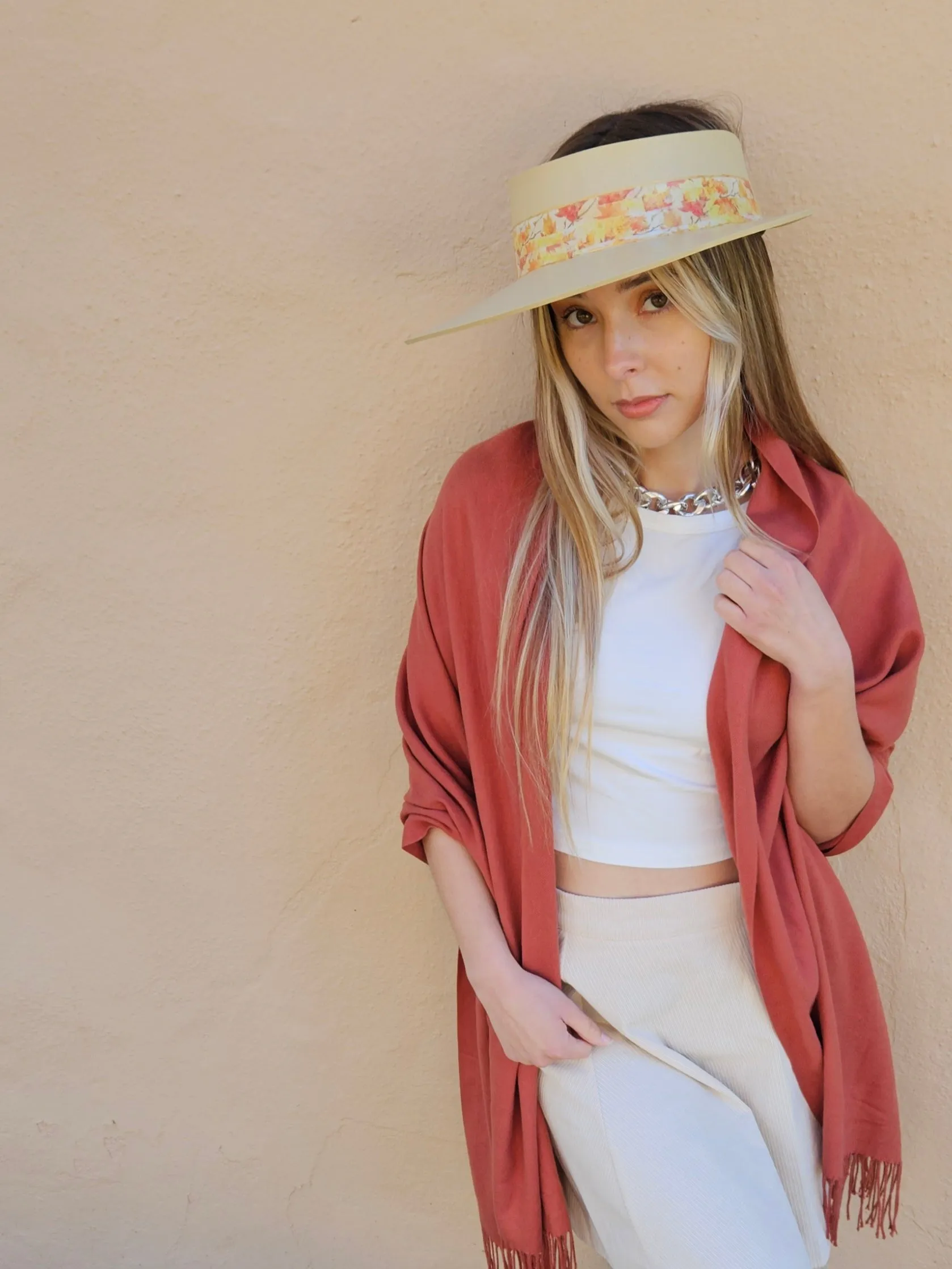 Beige "LadyEVA" Visor Hat with Orange Leaf Band