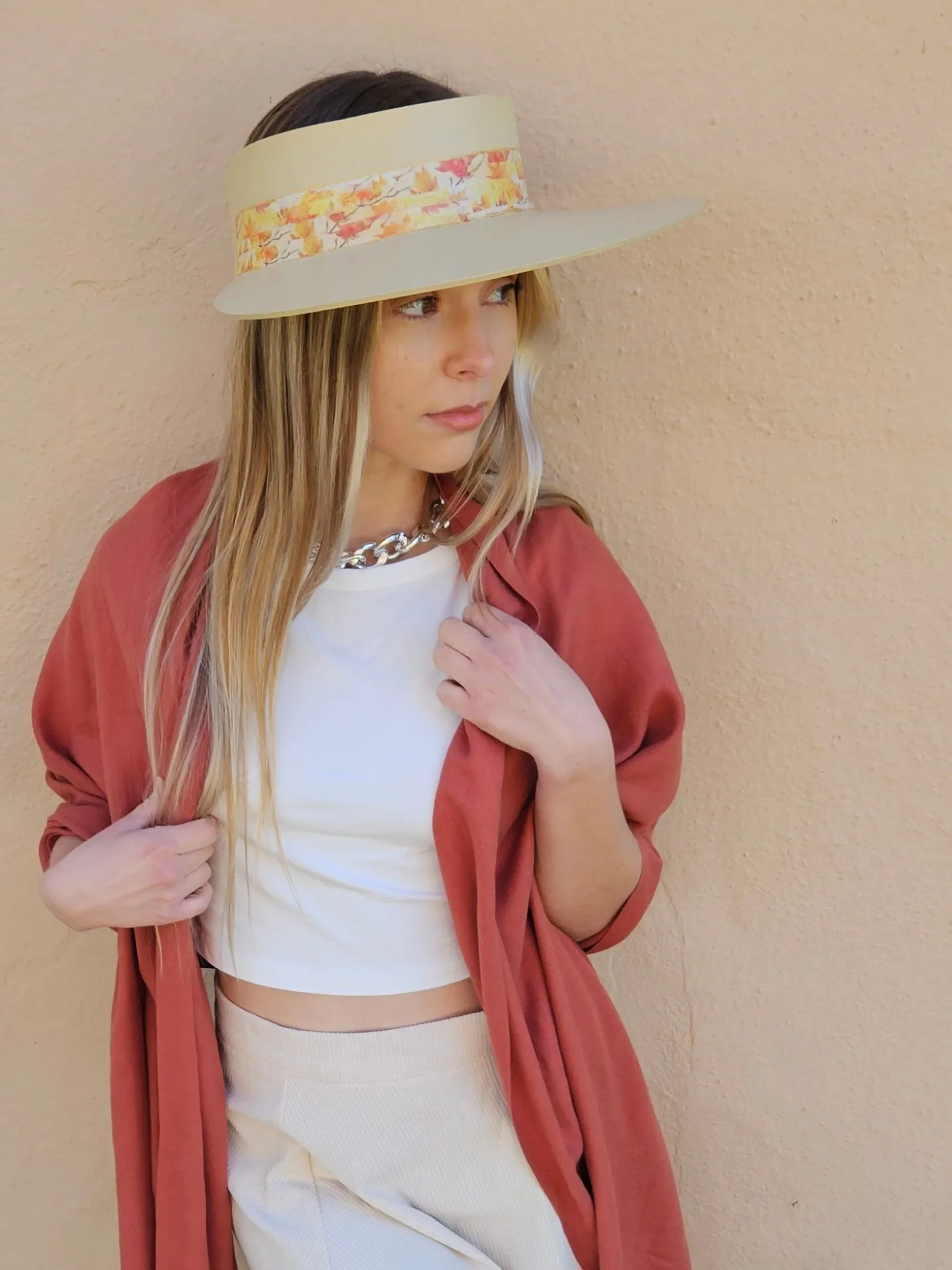 Beige "LadyEVA" Visor Hat with Orange Leaf Band
