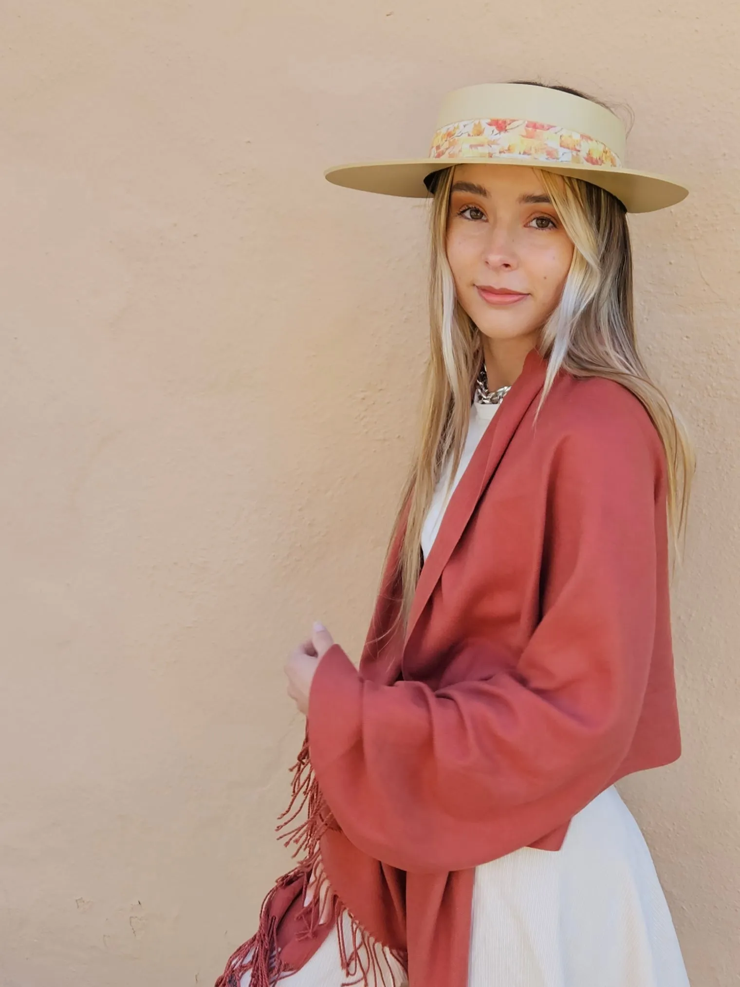 Beige "LadyEVA" Visor Hat with Orange Leaf Band