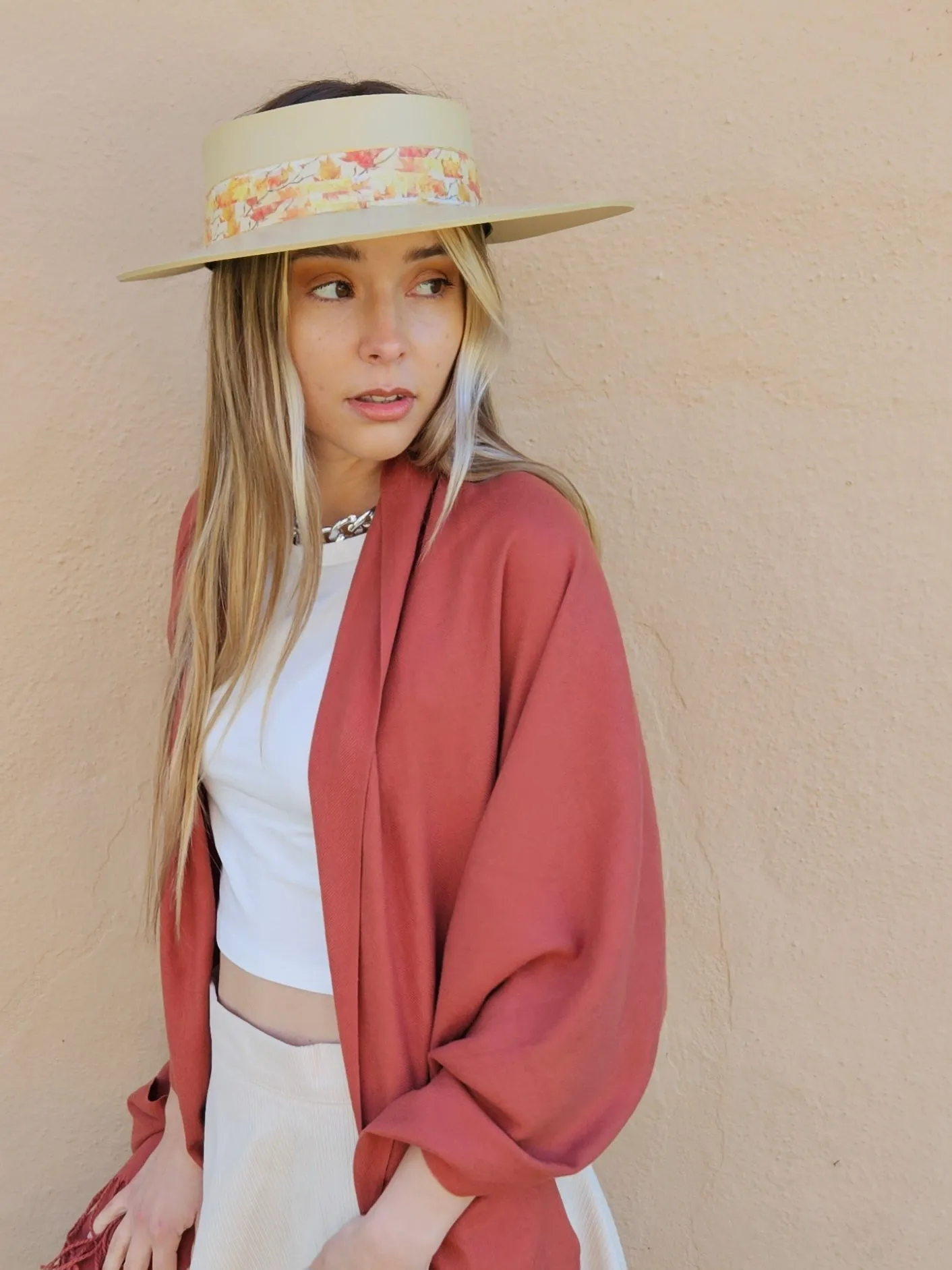 Beige "LadyEVA" Visor Hat with Orange Leaf Band