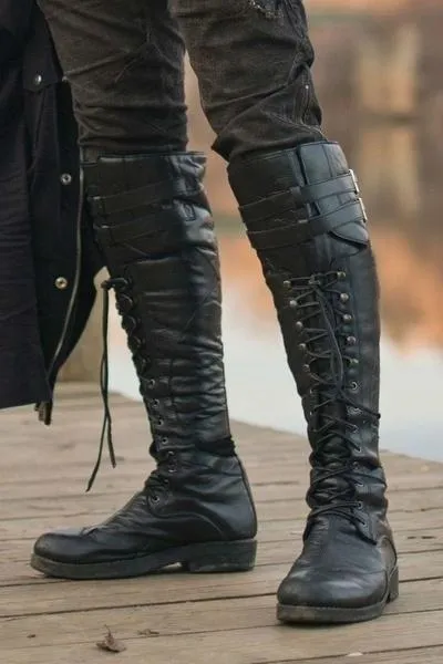 Black knee high combat boots lace-up biker boots flat knight boots