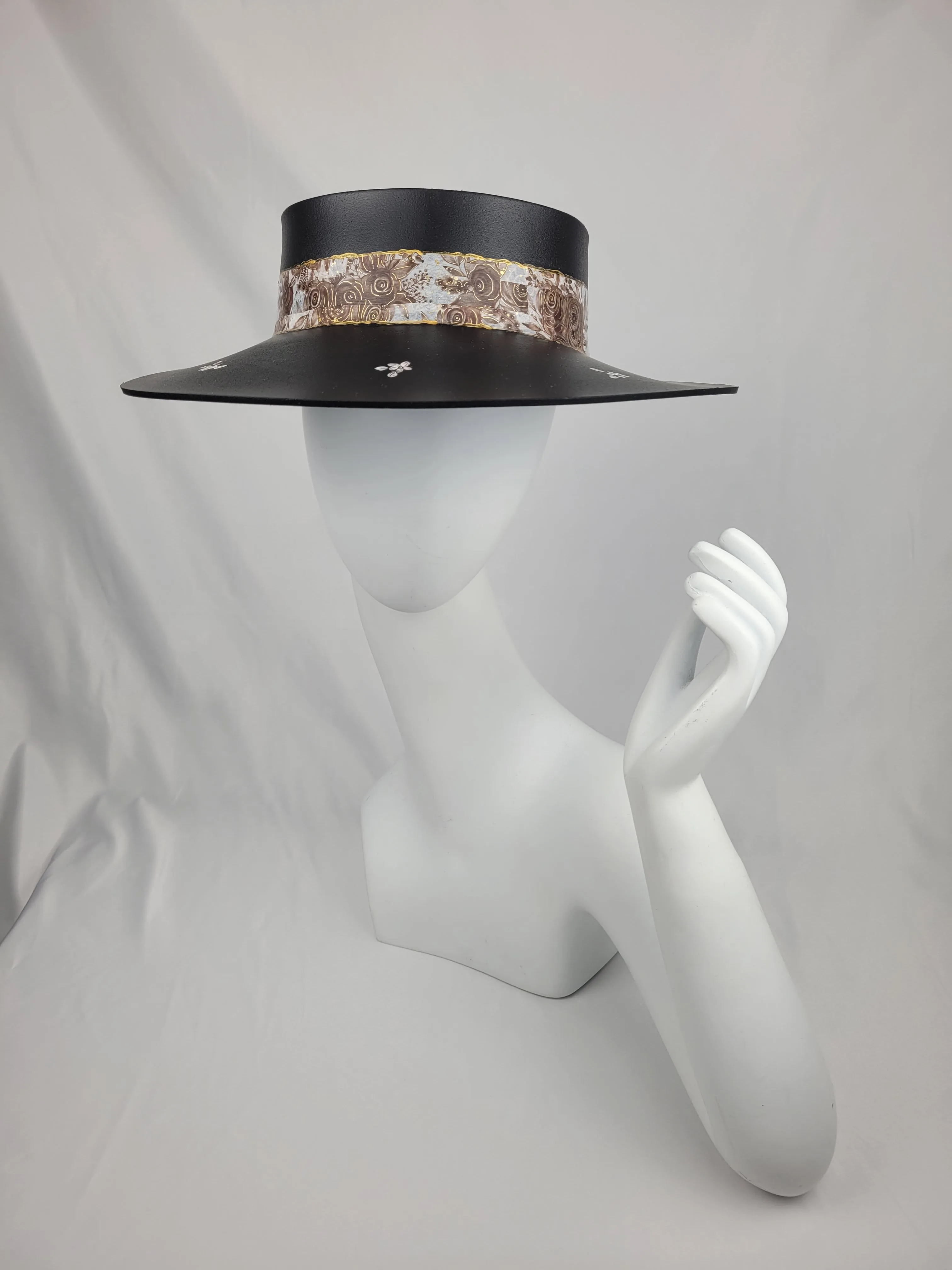 Black "LadyEVA" Visor Hat with Espresso Floral Band, and HandPainted Floral Motif