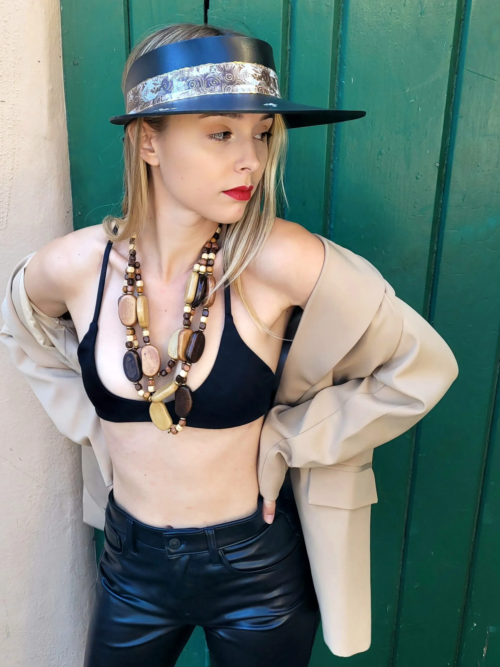 Black "LadyEVA" Visor Hat with Espresso Floral Band, and HandPainted Floral Motif