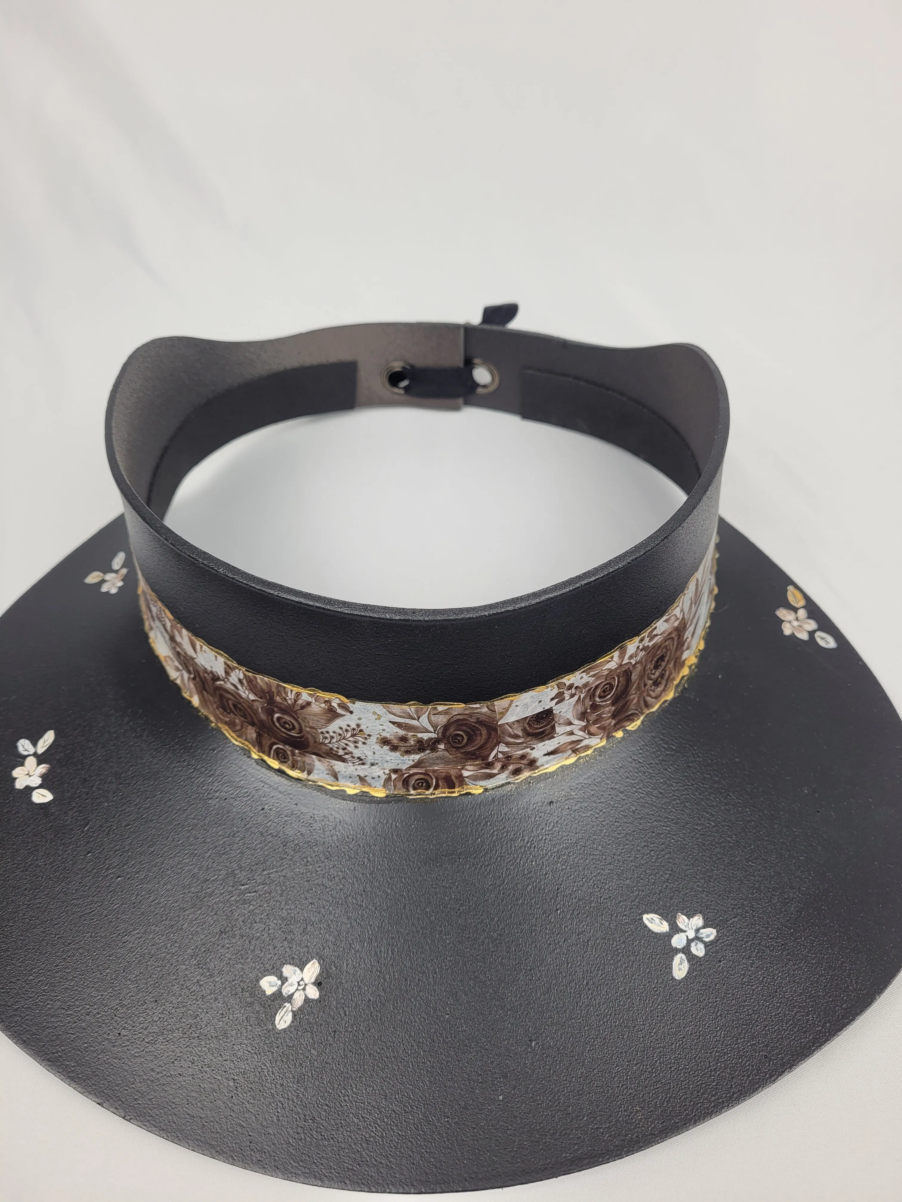 Black "LadyEVA" Visor Hat with Espresso Floral Band, and HandPainted Floral Motif