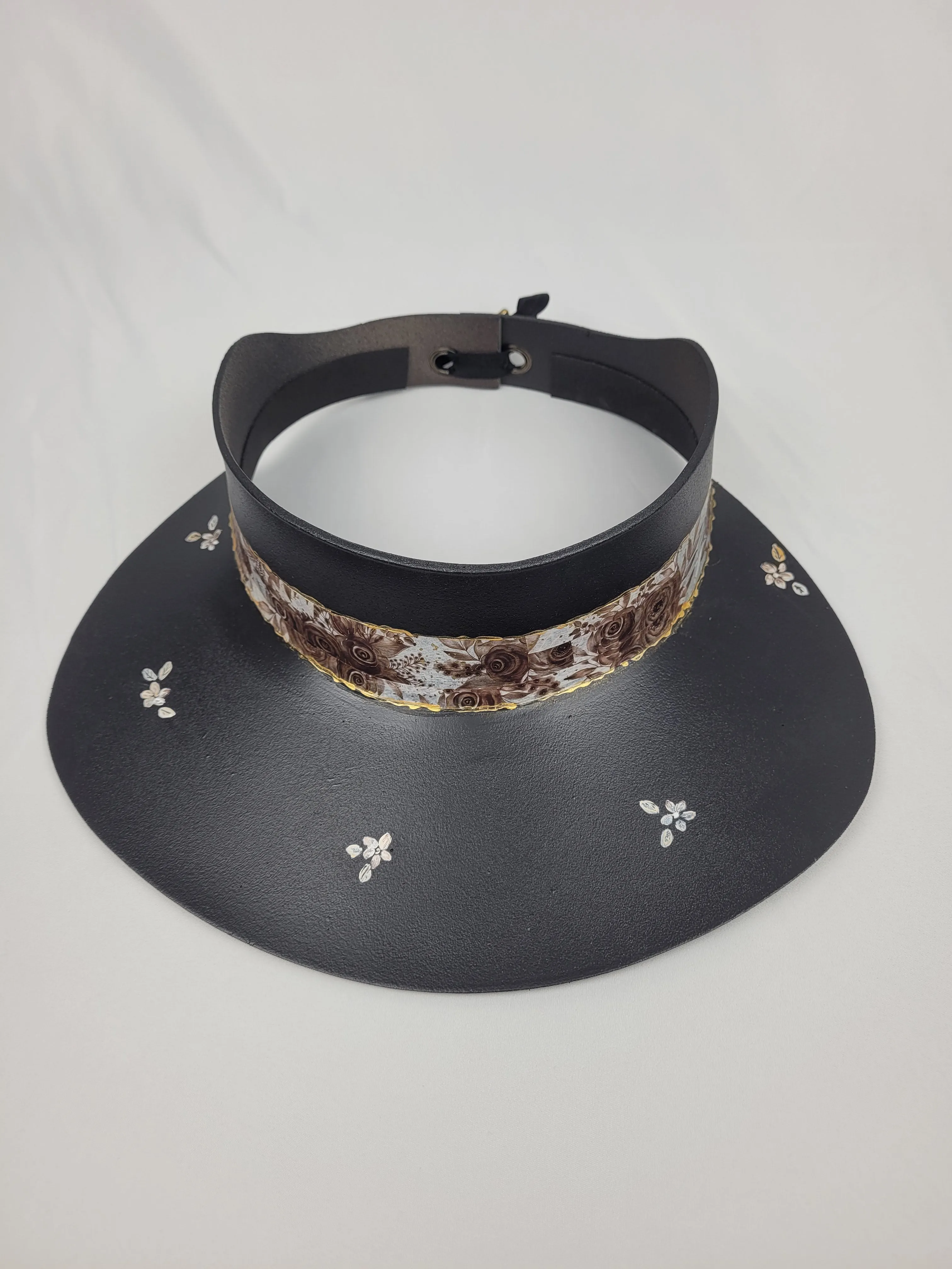 Black "LadyEVA" Visor Hat with Espresso Floral Band, and HandPainted Floral Motif