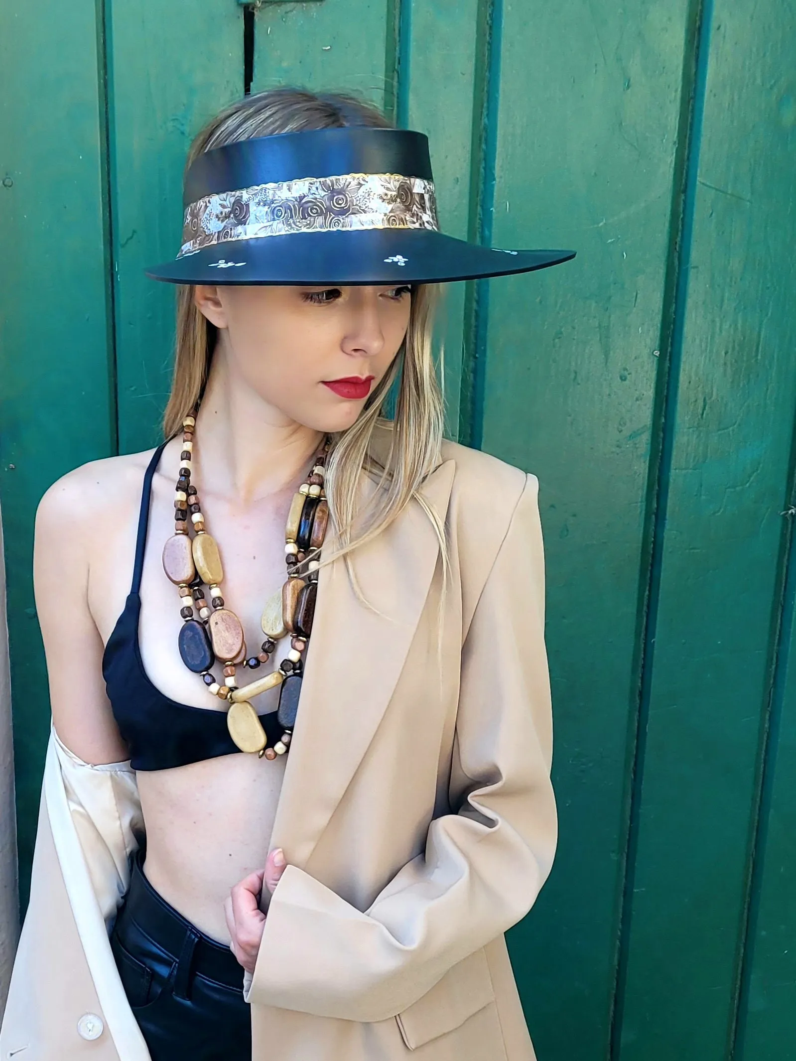 Black "LadyEVA" Visor Hat with Espresso Floral Band, and HandPainted Floral Motif