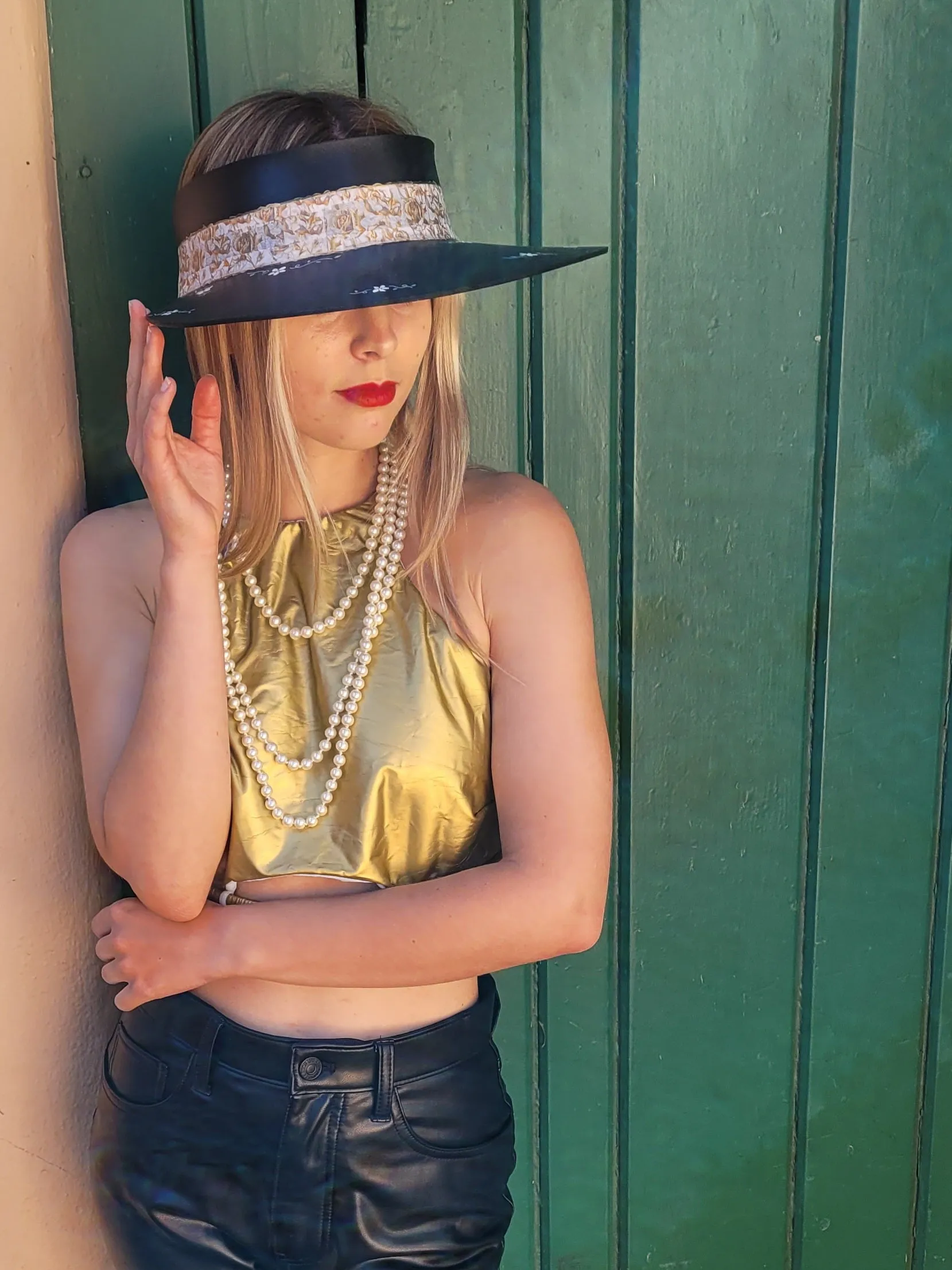 Black "LadyEVA" Visor Hat with Golden Floral Band, and HandPainted Floral Motif