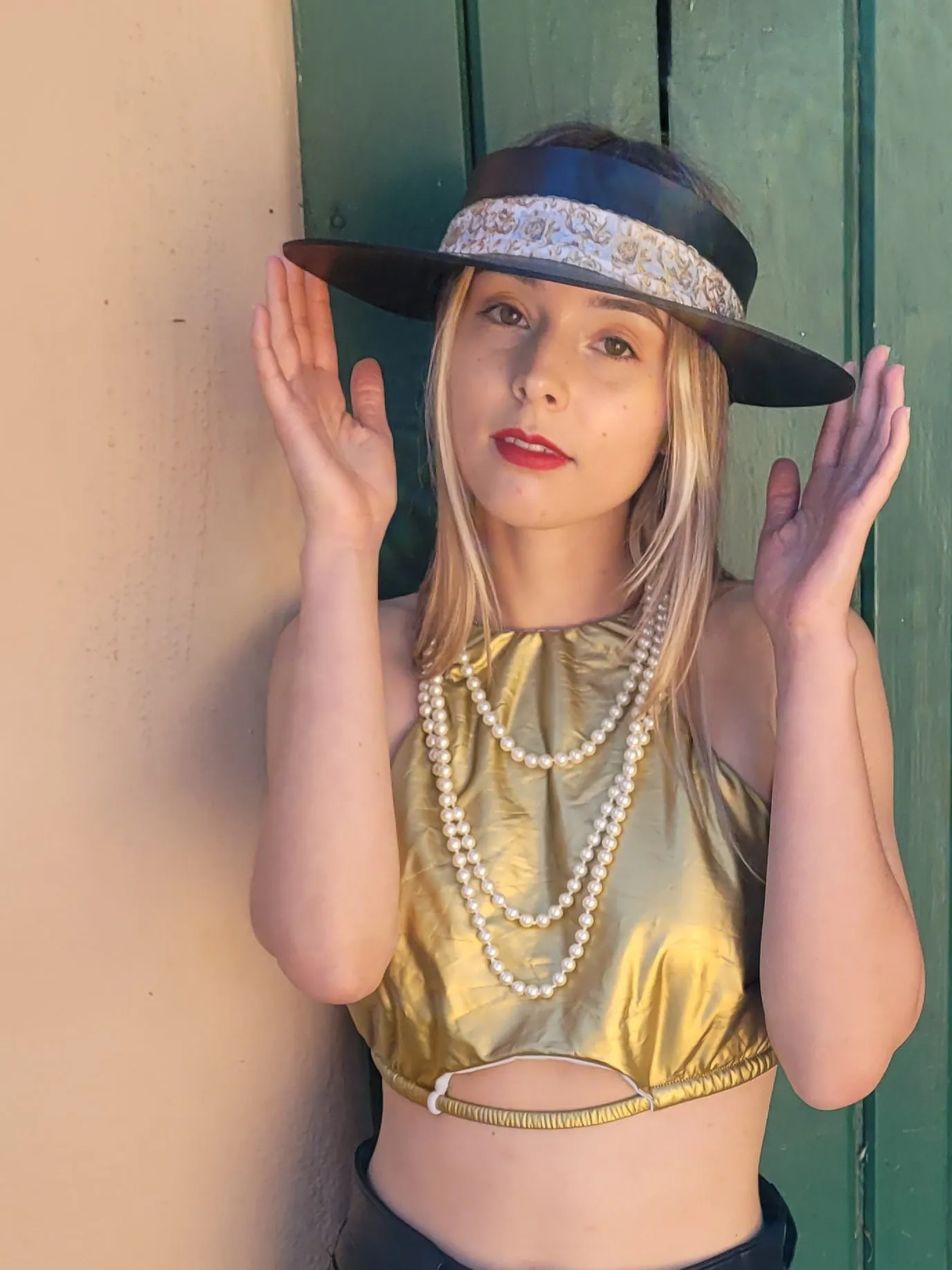 Black "LadyEVA" Visor Hat with Golden Floral Band, and HandPainted Floral Motif