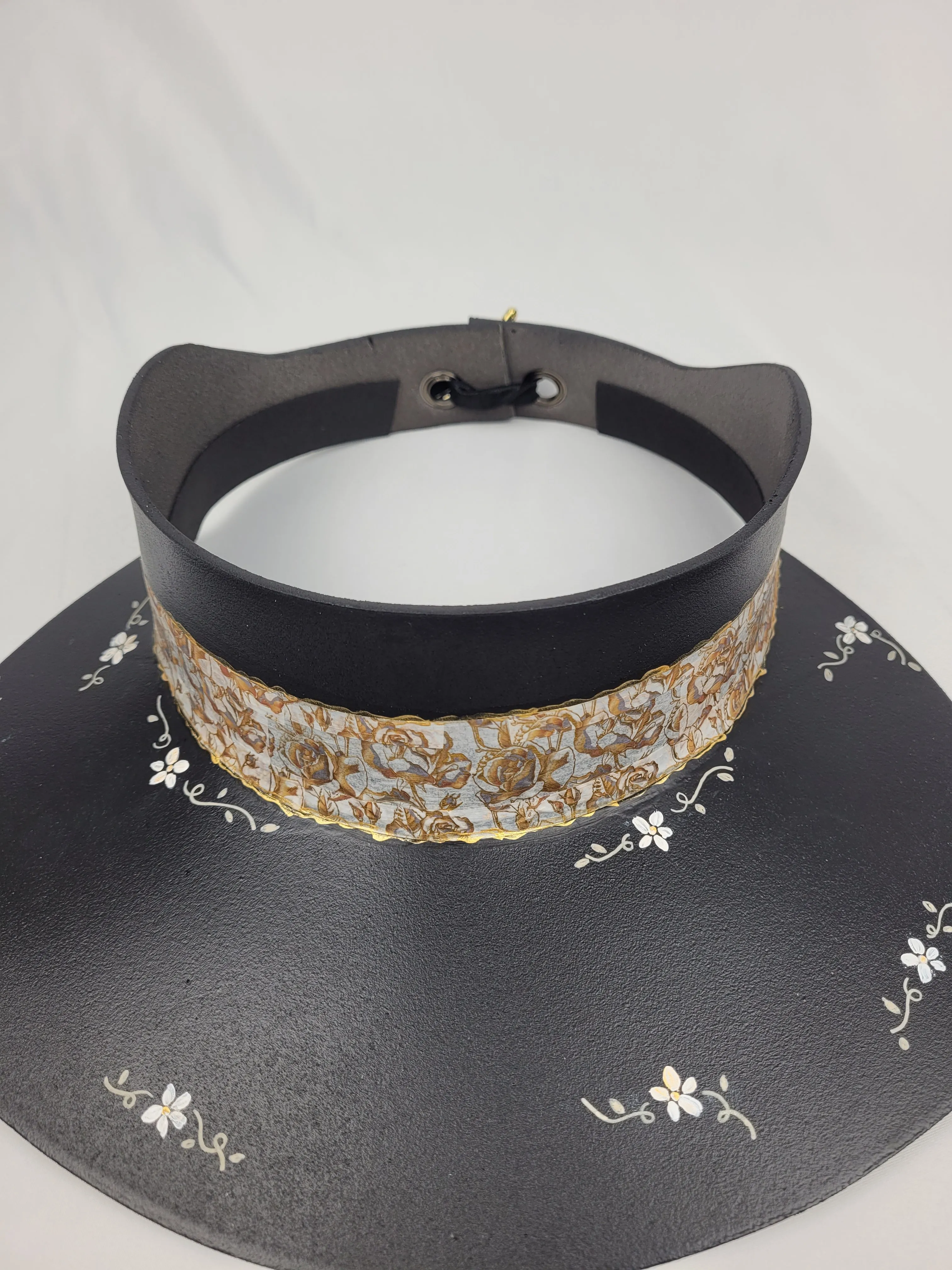 Black "LadyEVA" Visor Hat with Golden Floral Band, and HandPainted Floral Motif