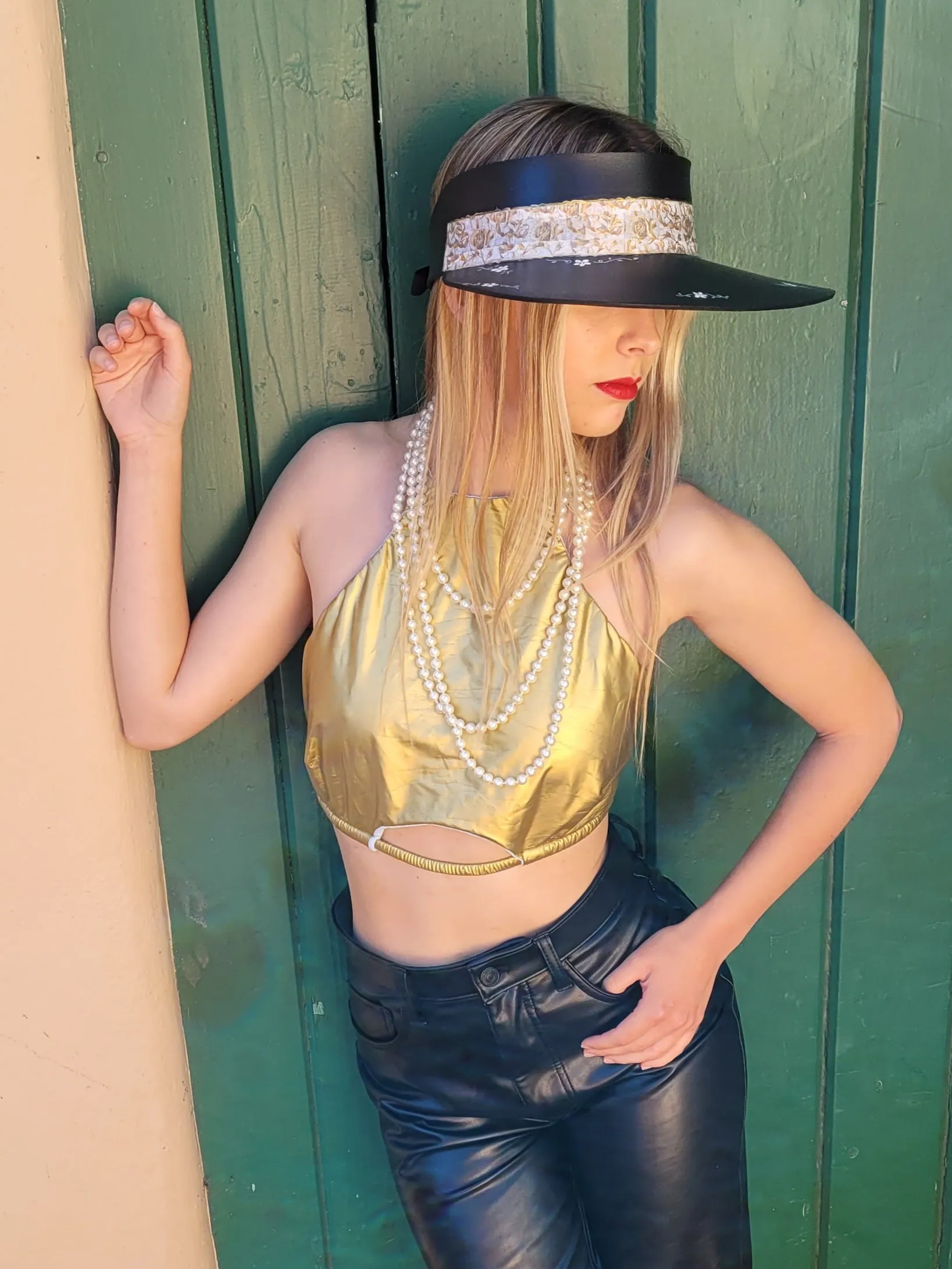 Black "LadyEVA" Visor Hat with Golden Floral Band, and HandPainted Floral Motif