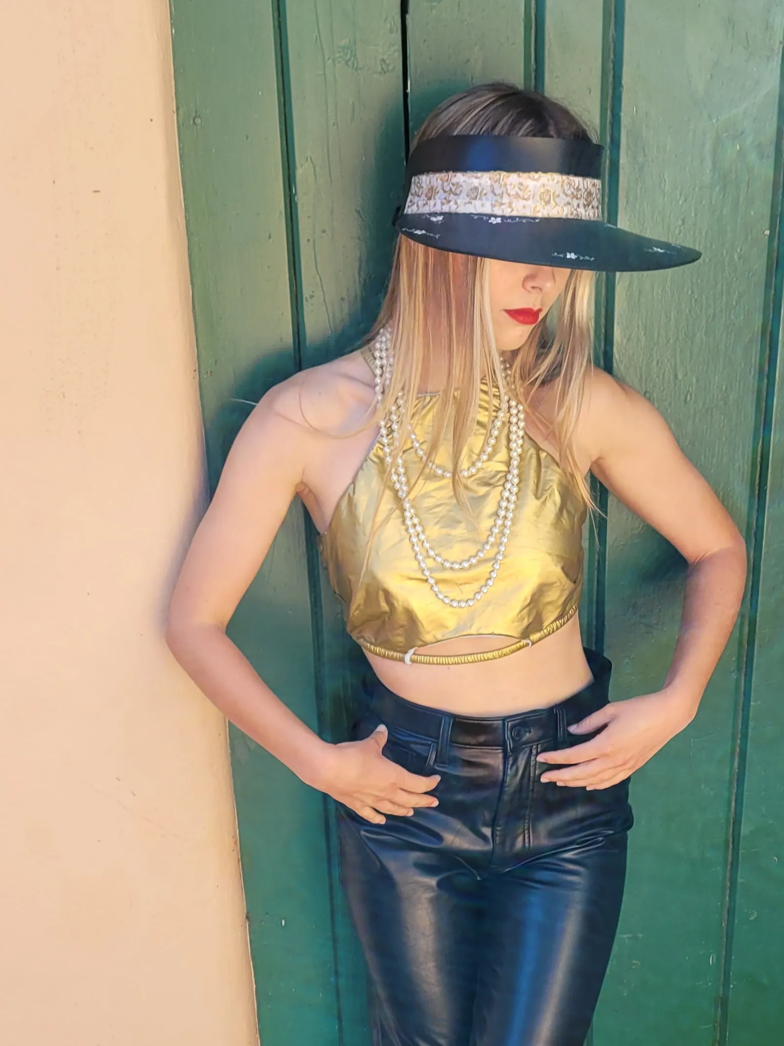 Black "LadyEVA" Visor Hat with Golden Floral Band, and HandPainted Floral Motif