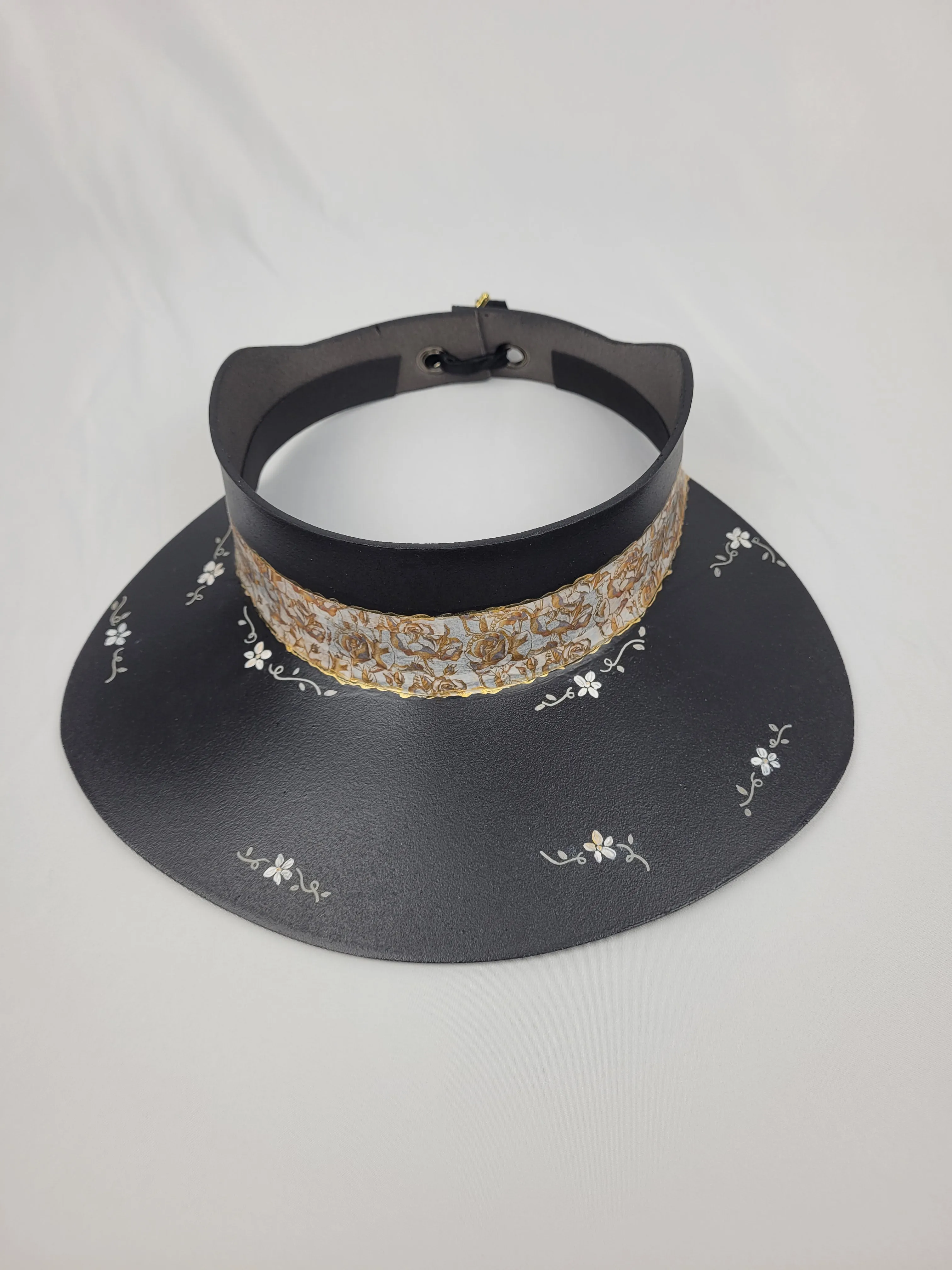 Black "LadyEVA" Visor Hat with Golden Floral Band, and HandPainted Floral Motif