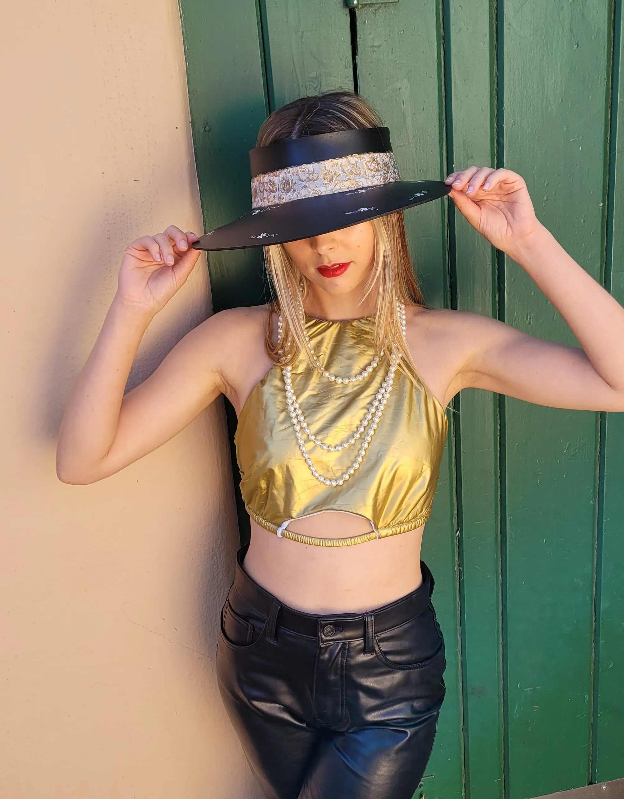Black "LadyEVA" Visor Hat with Golden Floral Band, and HandPainted Floral Motif