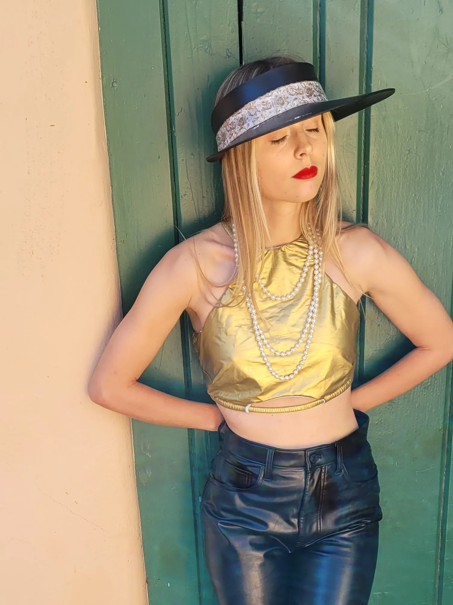 Black "LadyEVA" Visor Hat with Golden Floral Band, and HandPainted Floral Motif